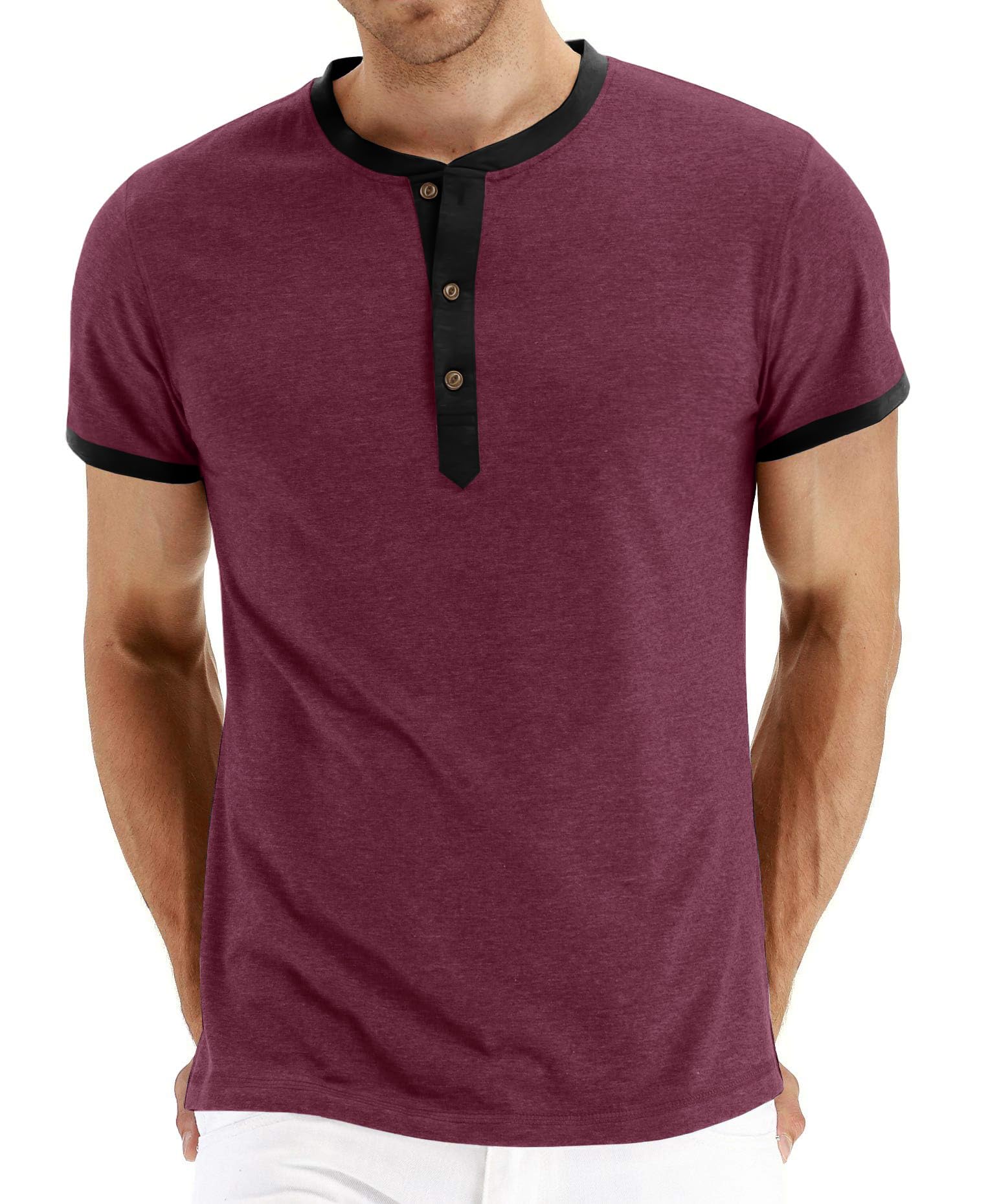 PEGENO Men's Fashion Casual Front Placket Short Sleeve Henley T-Shirts Cotton Shirts