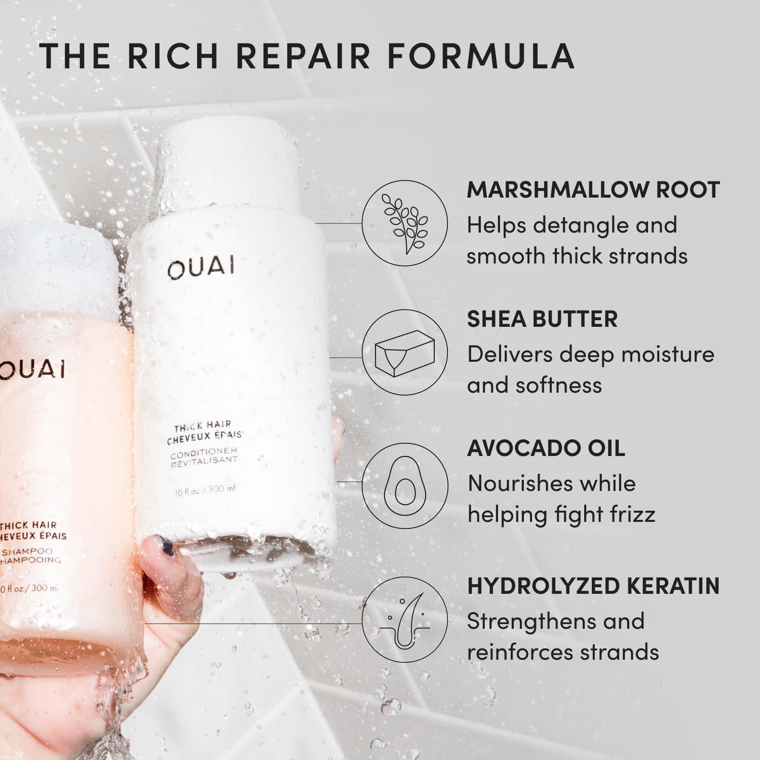 OUAI Fine Shampoo and Conditioner Set - Sulfate Free Shampoo and Conditioner for Women & Men - Made with Keratin, Marshmallow Root, Shea Butter & Avocado Oil - Free of Parabens & Phthalates (10 Fl Oz)