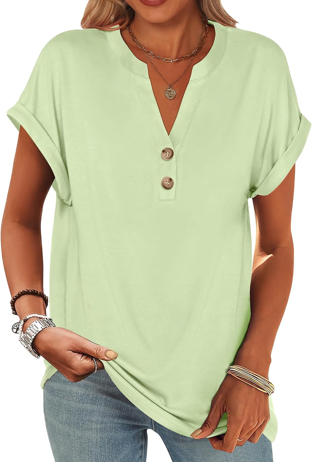 ANRABESS Womens Short Sleeve Henley Tops V Neck Dressy Casual Blouses Summer Trendy Tee Shirts 2026 Vacation Fashion Clothes