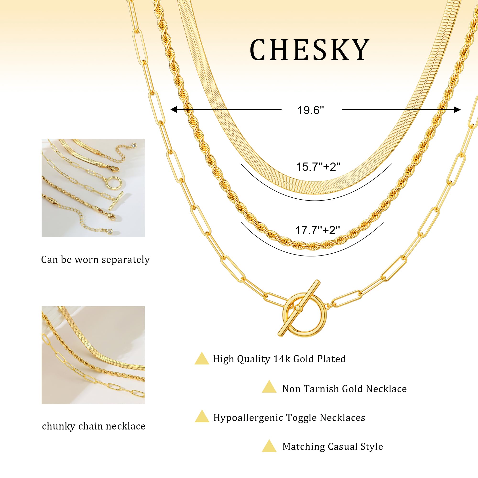 CHESKY 14K Gold Plated Layered Chain Necklace for Women | Trendy Cuban Link Chain, Chunky Paperclip Chain, Toggle Clasp Necklace, Fashion Gold Jewelry, Daily Gift for Women