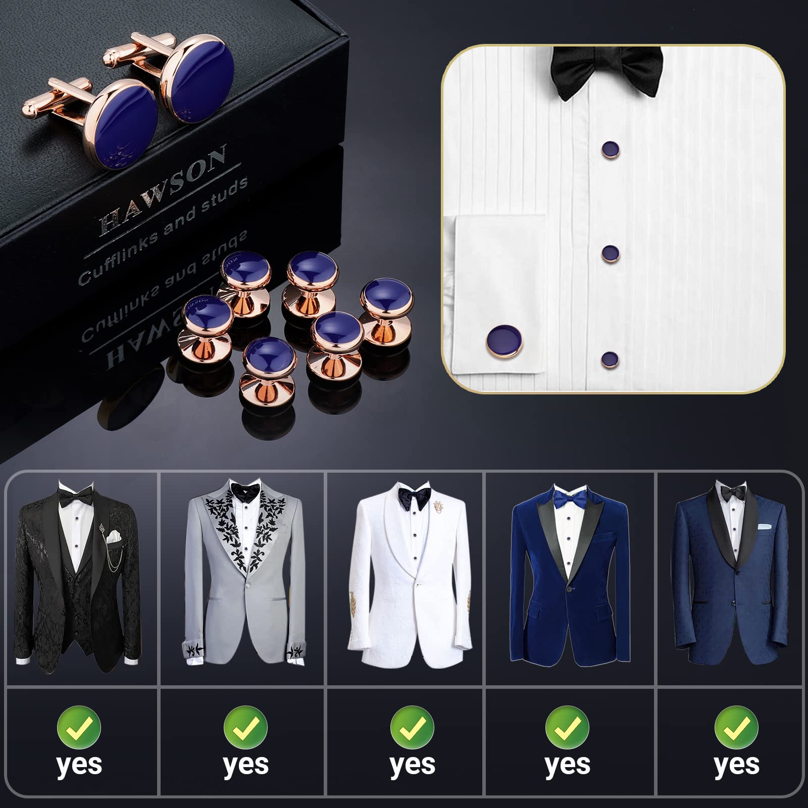 HAWSON Men’s Cufflinks and Tuxedo Studs Set with Gift Box; Men’s Jewelry or Accessories Suitable for Black Suit White Shirts Vest and Red Bow tie on Wedding or Anniversary and Birthday