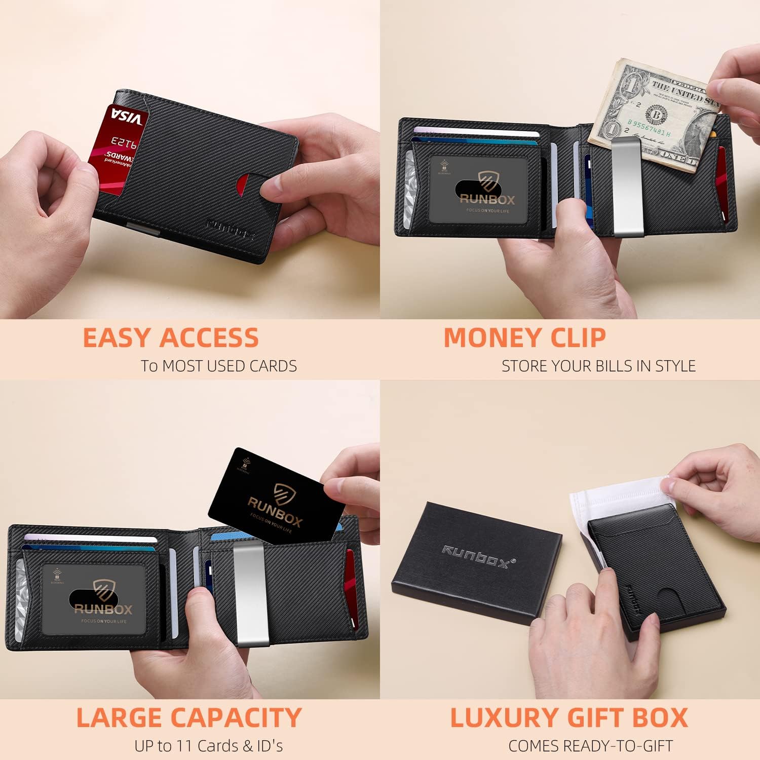 RUNBOX Slim Wallet for Men - RFID Blocking Leather Bifold with Money Clip | Minimalist Front Pocket Wallet Holds 11 Cards,Slim Thin Design,RFID Blocking Protection, Practical Birthday Gifts for Men