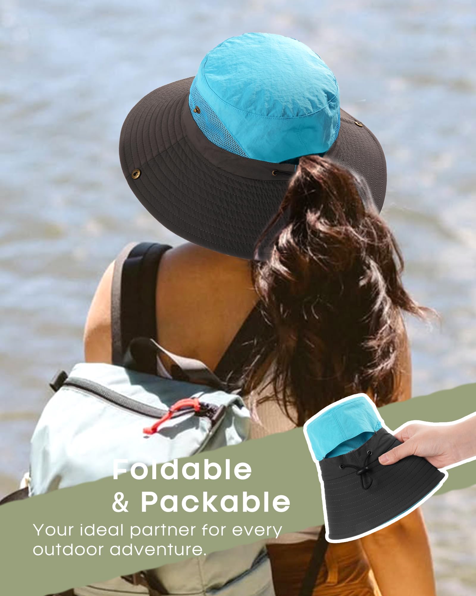 FURTALK Womens Sun Hat with Ponytail Hole Beach Hiking Summer Wide Brim UPF 50+ Outdoor Protection Foldable Bucket Hat