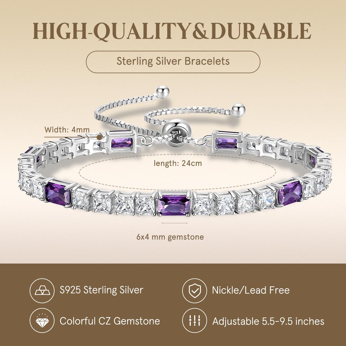 FANCIME Birthstone Bracelet for Women, Sterling Silver 4x6mm Gemstone Tennis Bracelet Bolo Adjustable Chain Fine Jewelry Birthday Gifts for Women Mom Wife Her