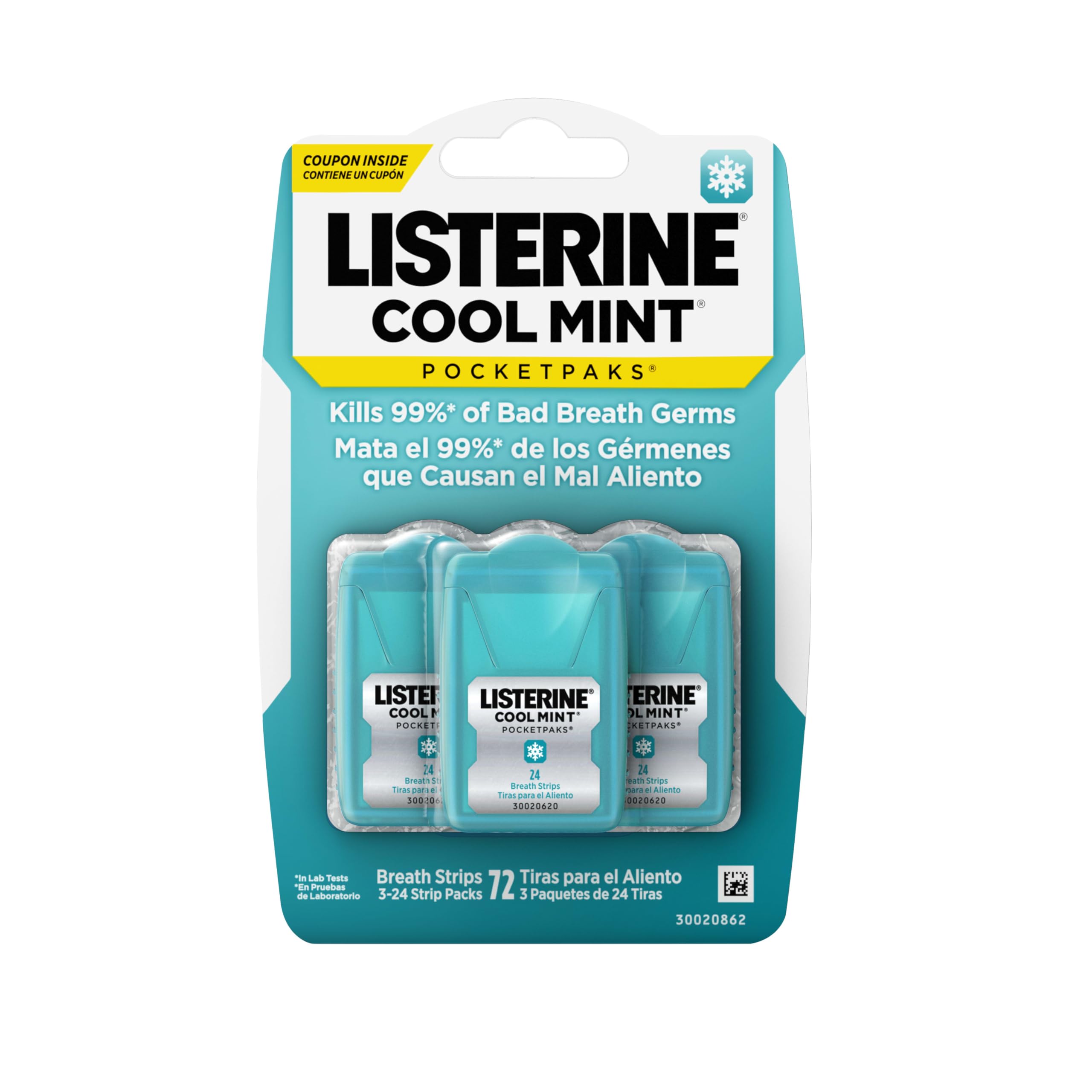 Listerine PocketPaks Breath Strips, Cool Mint, 24-Strip Pack, 3 Pack | Breath Freshener, Dissolves Instantly, Kills 99% of Bad Breath Germs, Travel Essentials