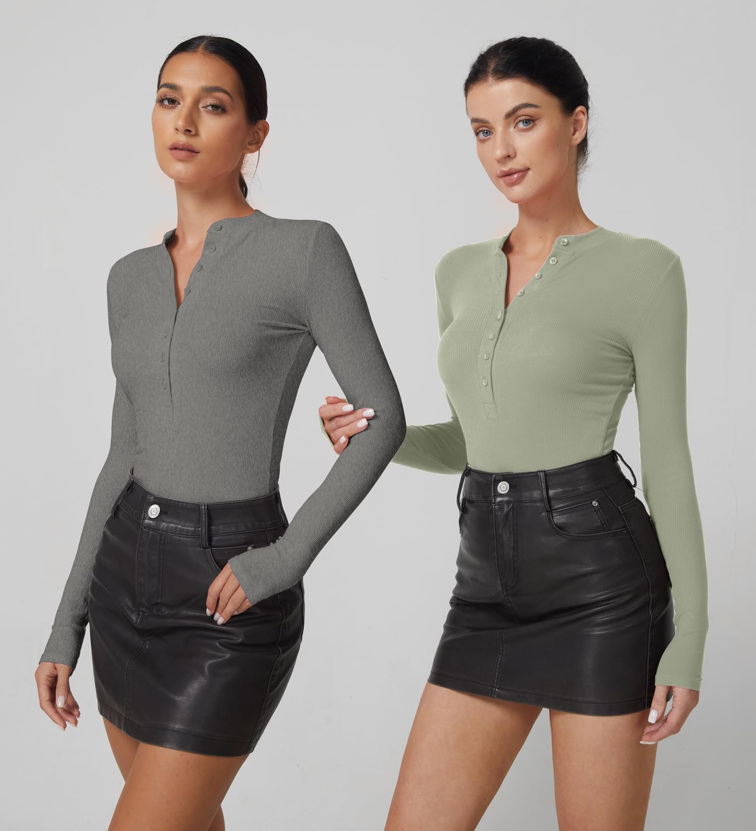 QINSEN Button Down Shirts for Women V Neck Long Sleeve Ribbed Knit Slim Fit Basic Tee Tops