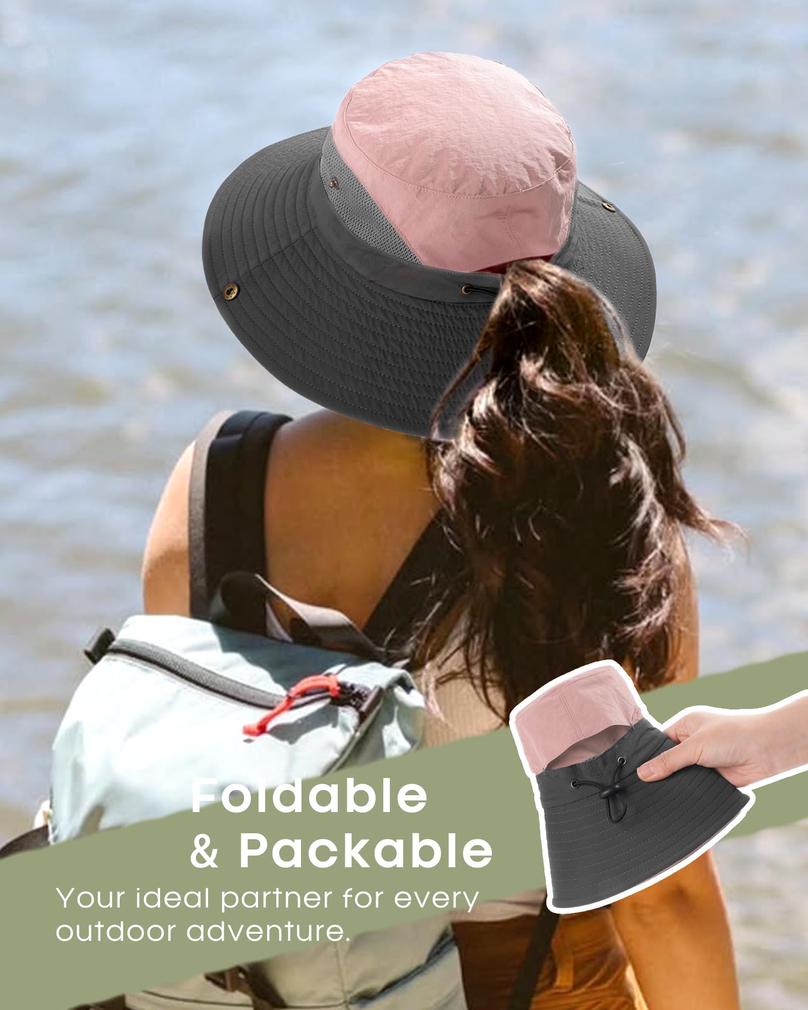 FURTALK Womens Sun Hat with Ponytail Hole Beach Hiking Summer Wide Brim UPF 50+ Outdoor Protection Foldable Bucket Hat