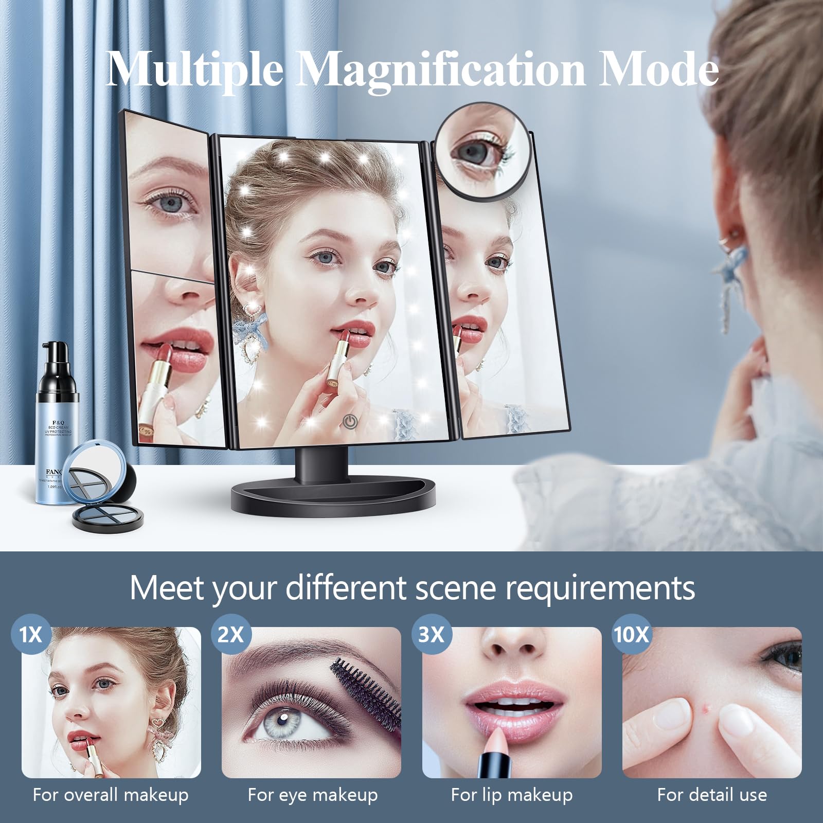 HUONUL 2X/3X/10X Magnifying Vanity Mirror with Light, Trifold Makeup Mirror | Touch Dimming, Dual Power, Clear View for Makeup, Skincare. Dorm Room Essentials. Birthday Gifts for Women, Mom, Wife, Girls