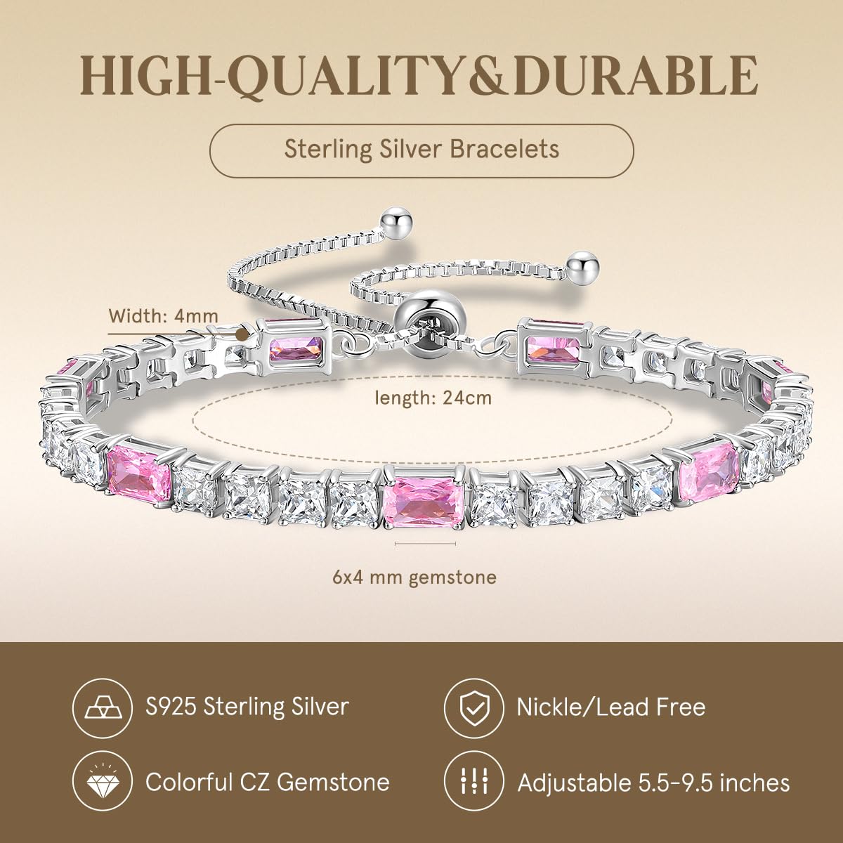 FANCIME Birthstone Bracelet for Women, Sterling Silver 4x6mm Gemstone Tennis Bracelet Bolo Adjustable Chain Fine Jewelry Birthday Gifts for Women Mom Wife Her
