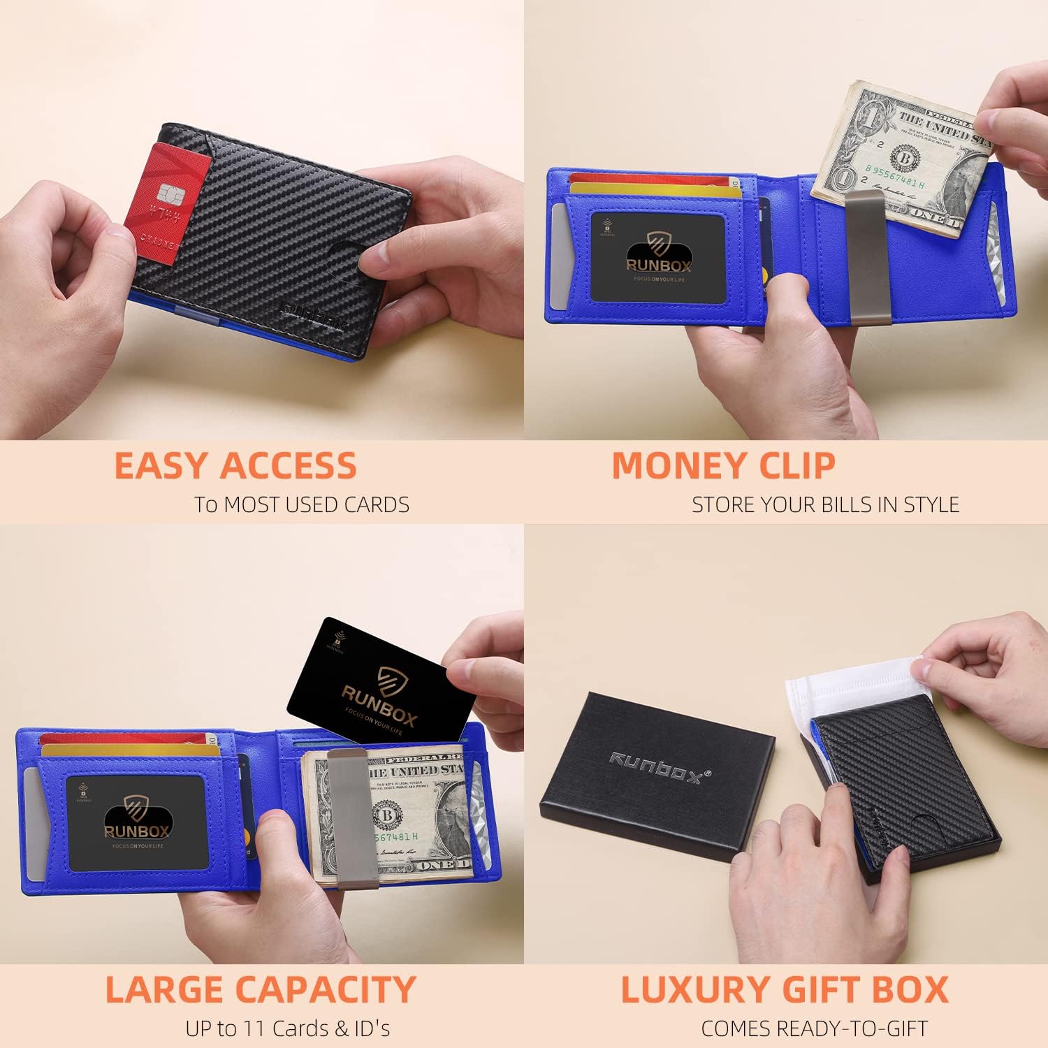 RUNBOX Slim Wallet for Men - RFID Blocking Leather Bifold with Money Clip | Minimalist Front Pocket Wallet Holds 11 Cards,Slim Thin Design,RFID Blocking Protection, Practical Birthday Gifts for Men