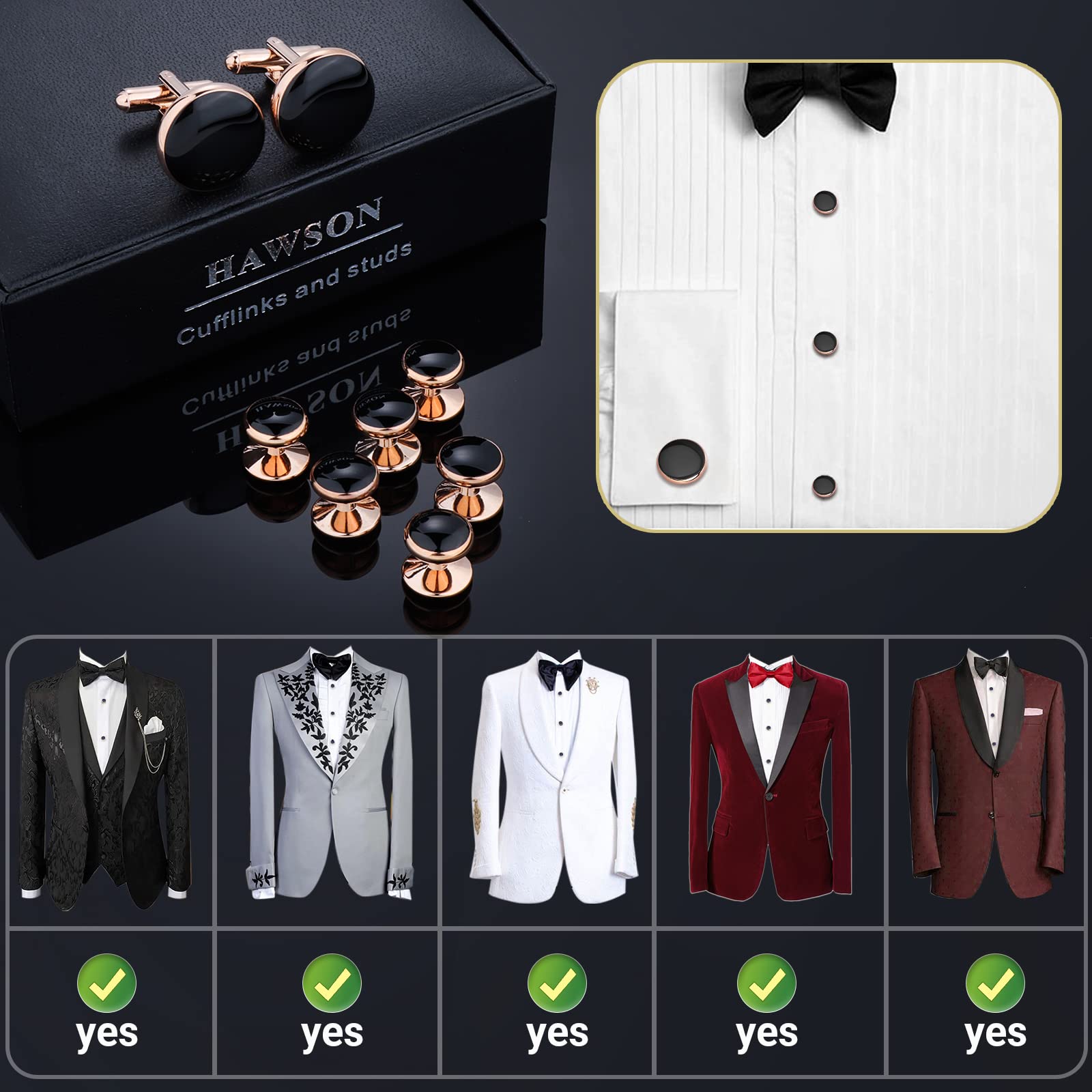HAWSON Men’s Cufflinks and Tuxedo Studs Set with Gift Box; Men’s Jewelry or Accessories Suitable for Black Suit White Shirts Vest and Red Bow tie on Wedding or Anniversary and Birthday