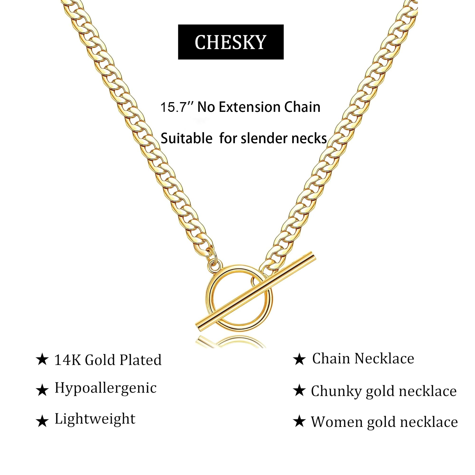CHESKY 14K Gold Plated Layered Chain Necklace for Women | Trendy Cuban Link Chain, Chunky Paperclip Chain, Toggle Clasp Necklace, Fashion Gold Jewelry, Daily Gift for Women