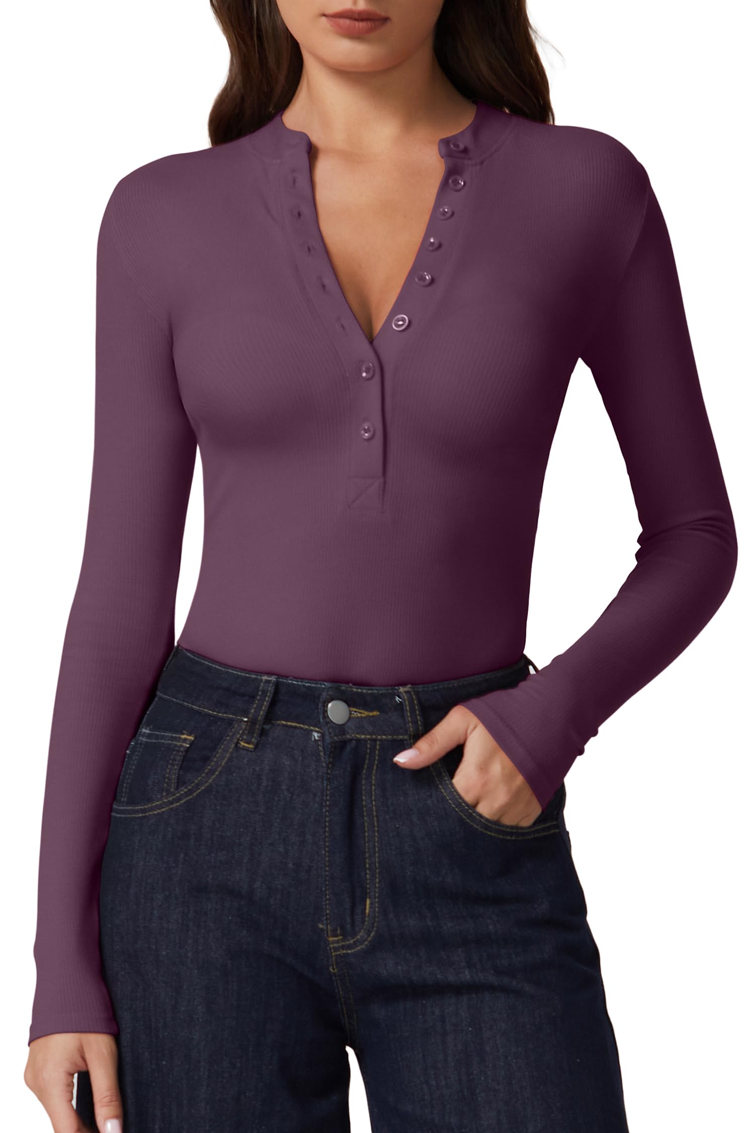 QINSEN Button Down Shirts for Women V Neck Long Sleeve Ribbed Knit Slim Fit Basic Tee Tops