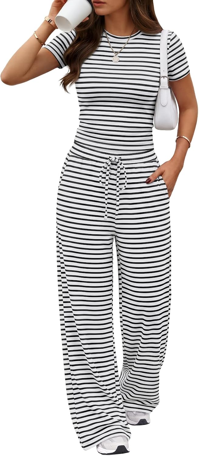 Trendy Queen Women's 2 Piece Matching Summer Lounge Set with Pockets | Vacation Airport Travel Outfits, Workout Gym Clothing Comfy Athleisure Clothes, Side-ruched Top, Drawstring Wide Leg Pants