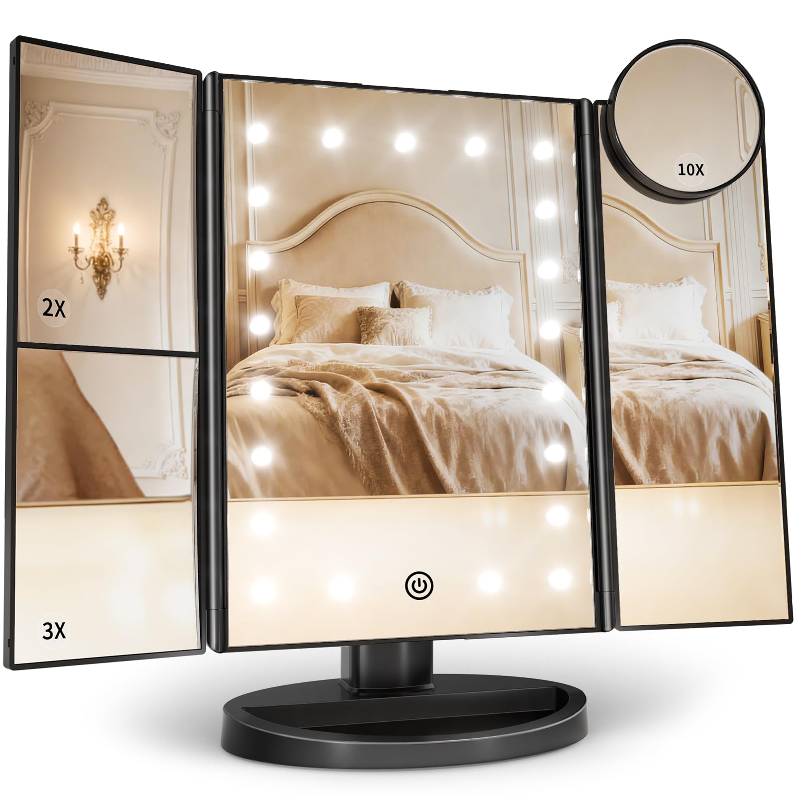 HUONUL 2X/3X/10X Magnifying Vanity Mirror with Light, Trifold Makeup Mirror | Touch Dimming, Dual Power, Clear View for Makeup, Skincare. Dorm Room Essentials. Birthday Gifts for Women, Mom, Wife, Girls