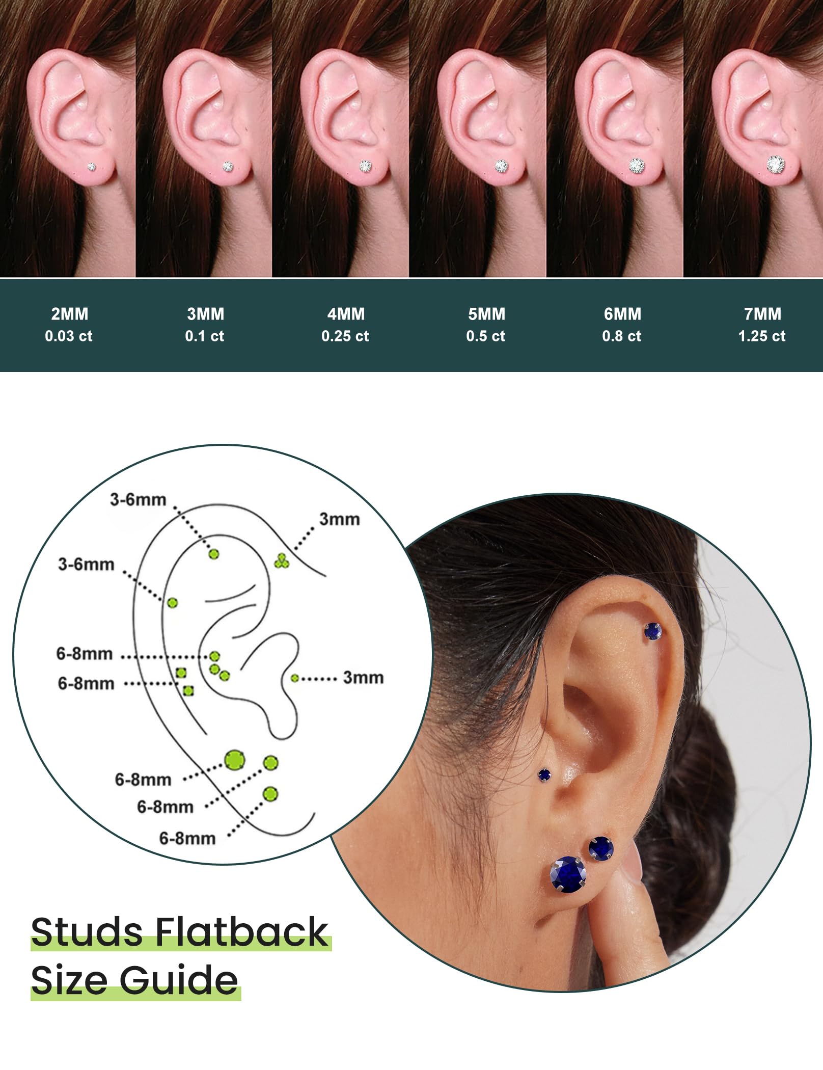 6 Pairs Stud Earrings Set, Hypoallergenic Cubic Zirconia 316L Earrings Stainless Steel CZ Earrings 3-8mm (Steel color)