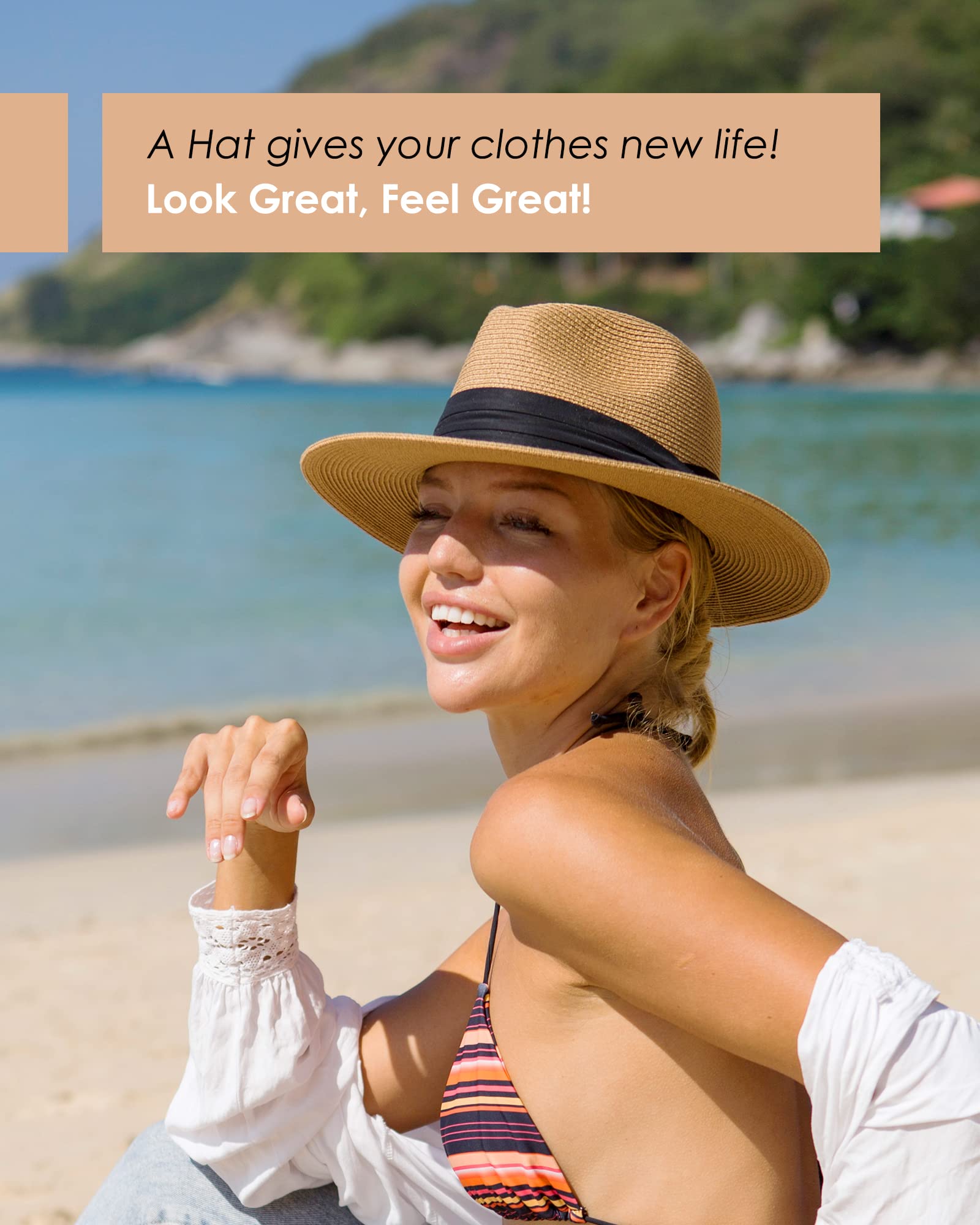 FURTALK Womens Mens Wide Brim Straw Panama Hat Fedora Summer Beach Sun Hat | Breathable Paper Straw, Classic Ribbon Trim, UPF Protection, Adjustable Band Inside, Chin Strap for Gusty Winds