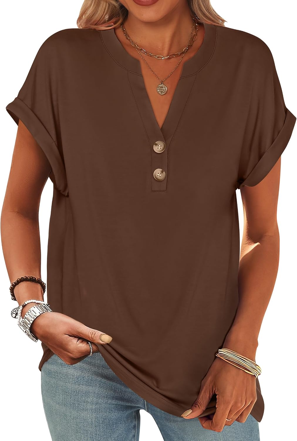 ANRABESS Womens Short Sleeve Henley Tops V Neck Dressy Casual Blouses Summer Trendy Tee Shirts 2026 Vacation Fashion Clothes