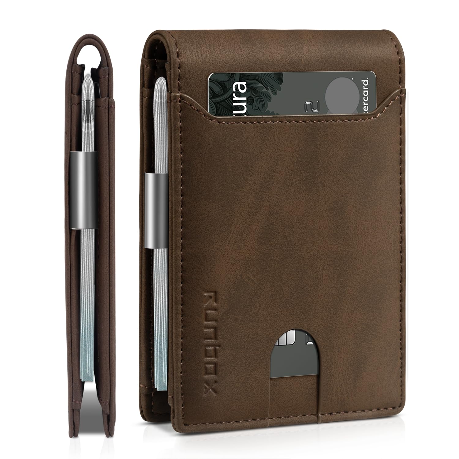 RUNBOX Slim Wallet for Men - RFID Blocking Leather Bifold with Money Clip | Minimalist Front Pocket Wallet Holds 11 Cards,Slim Thin Design,RFID Blocking Protection, Practical Birthday Gifts for Men