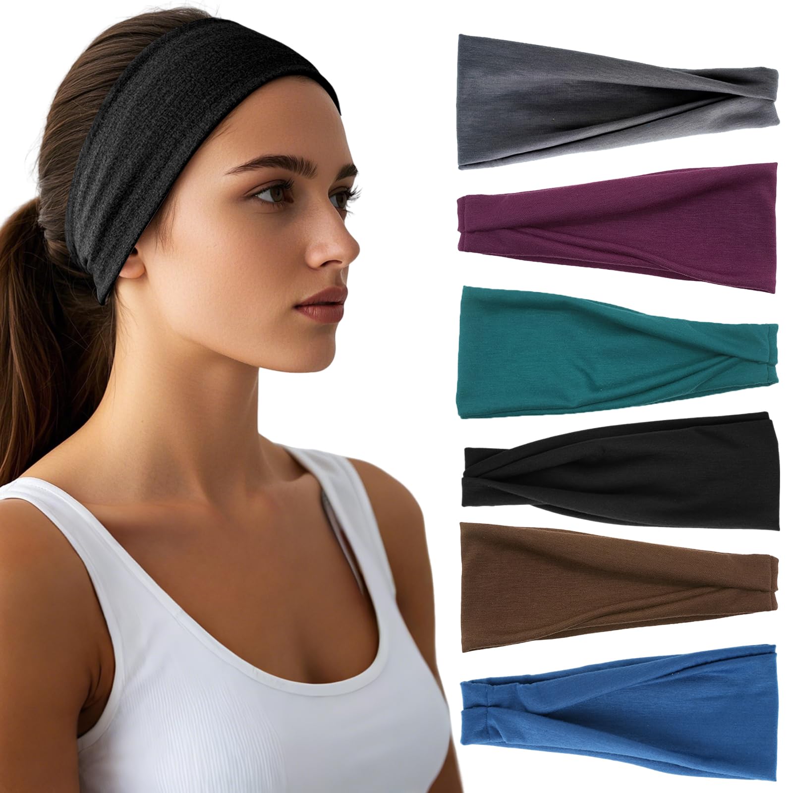 Headbands for Women - 6 Pack Wide Elastic Hair Bands | Stretchy Sweatbands Hair Bands | Soft Sports Thin Head Bands | Non-Slip Accessories Bands for Fashion, Washing Face, Workouts, Yoga, Daily Use