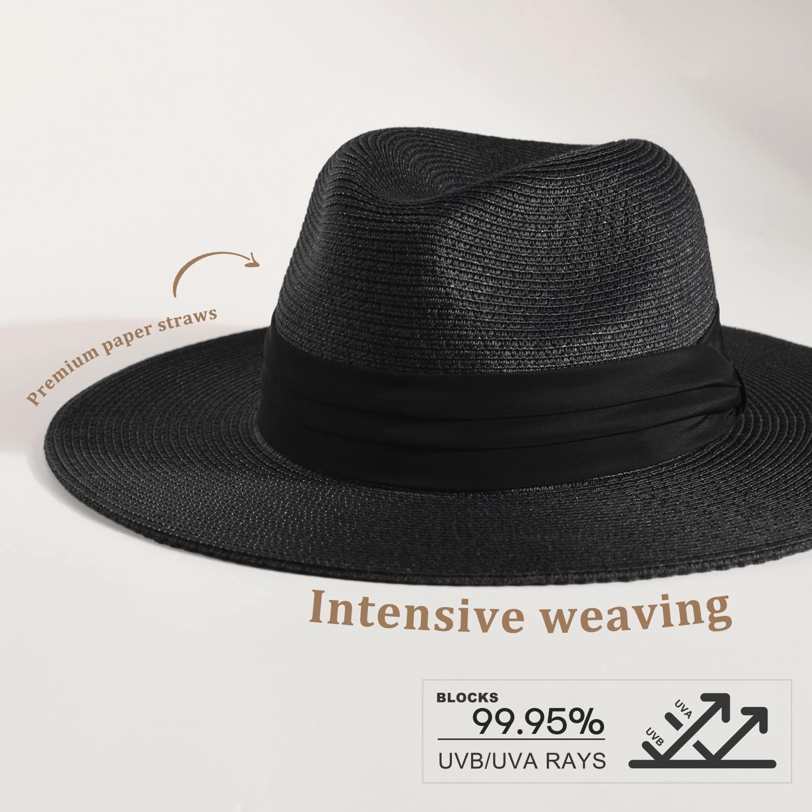 FURTALK Womens Mens Wide Brim Straw Panama Hat Fedora Summer Beach Sun Hat | Breathable Paper Straw, Classic Ribbon Trim, UPF Protection, Adjustable Band Inside, Chin Strap for Gusty Winds