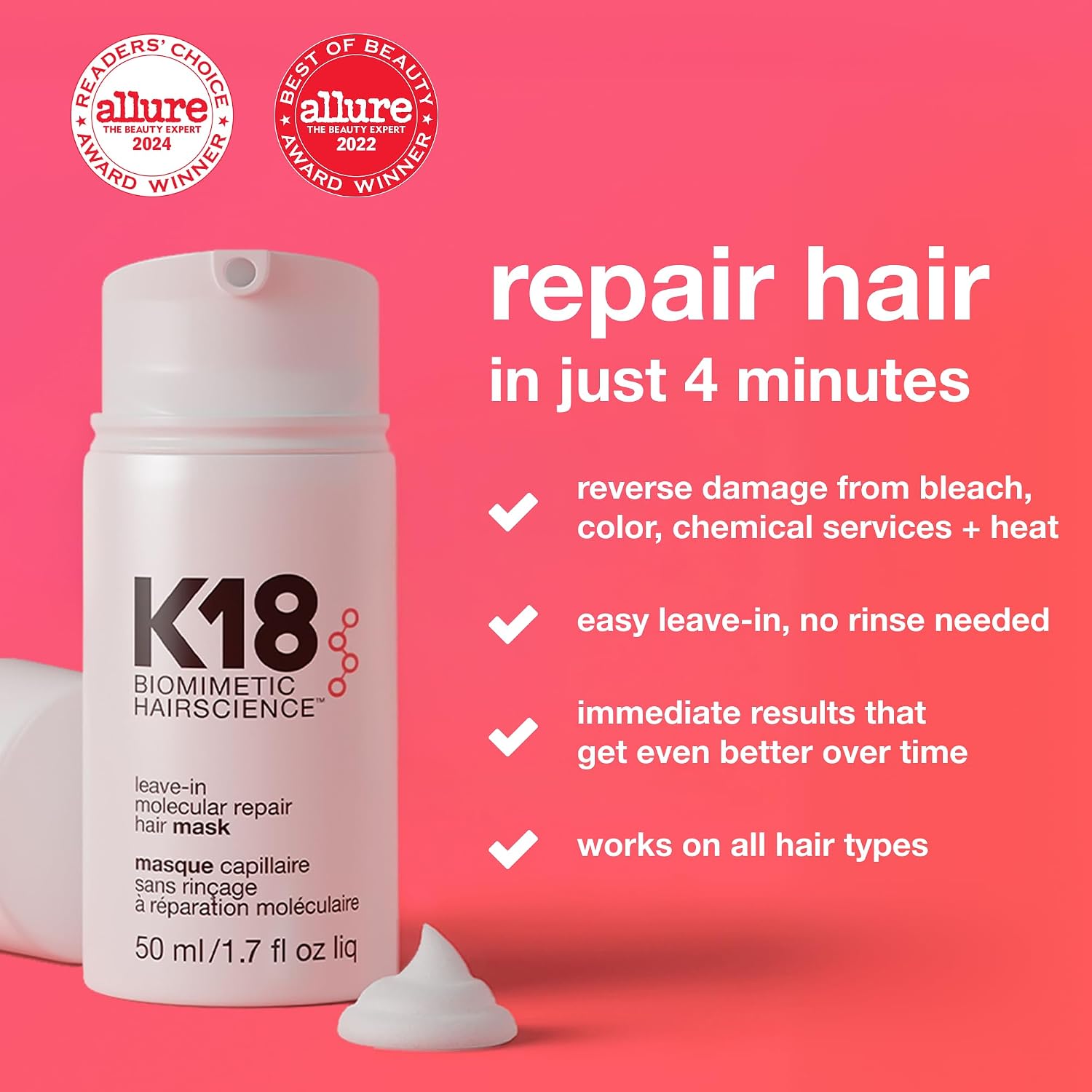 K18 Leave-In Molecular Repair Hair Mask, Patented, Lasting Repair For Dry, Frizzy, Damaged Hair, Reverse Damage In 4 Minutes From Bleach, Color, Chemical Services + Heat