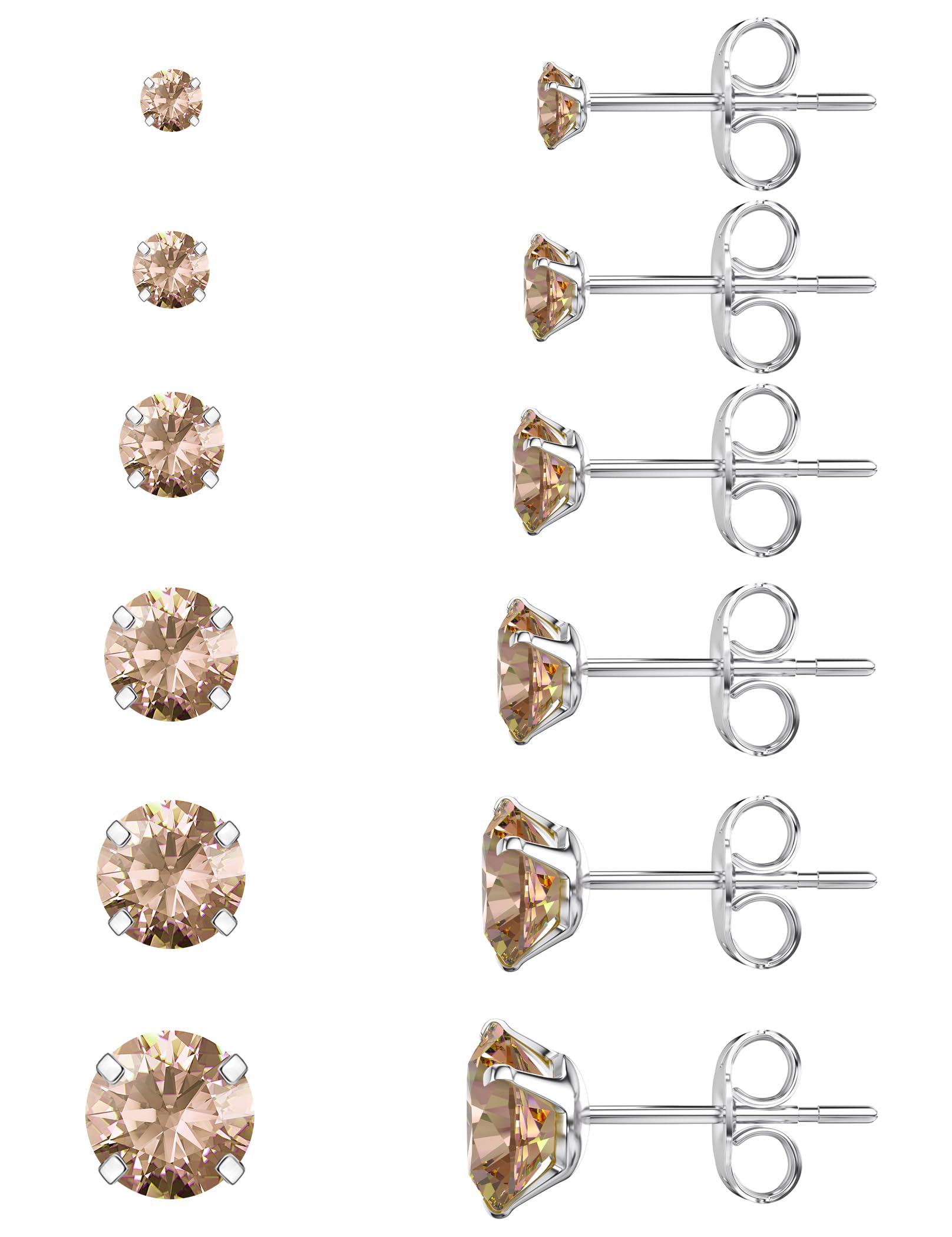 6 Pairs Stud Earrings Set, Hypoallergenic Cubic Zirconia 316L Earrings Stainless Steel CZ Earrings 3-8mm (Steel color)