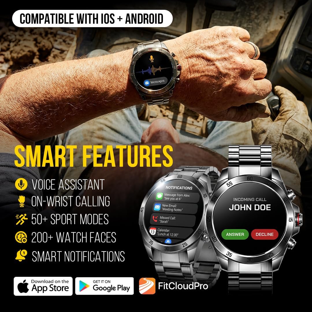 ALPHAGEAR Commander Smartwatch for Men, Tactical Military Smart Watch, 12-Day Battery, AMOLED Display, Bluetooth Calling, IP68 Water Resistant, Stainless Steel, for Android iPhone, Dark Gray