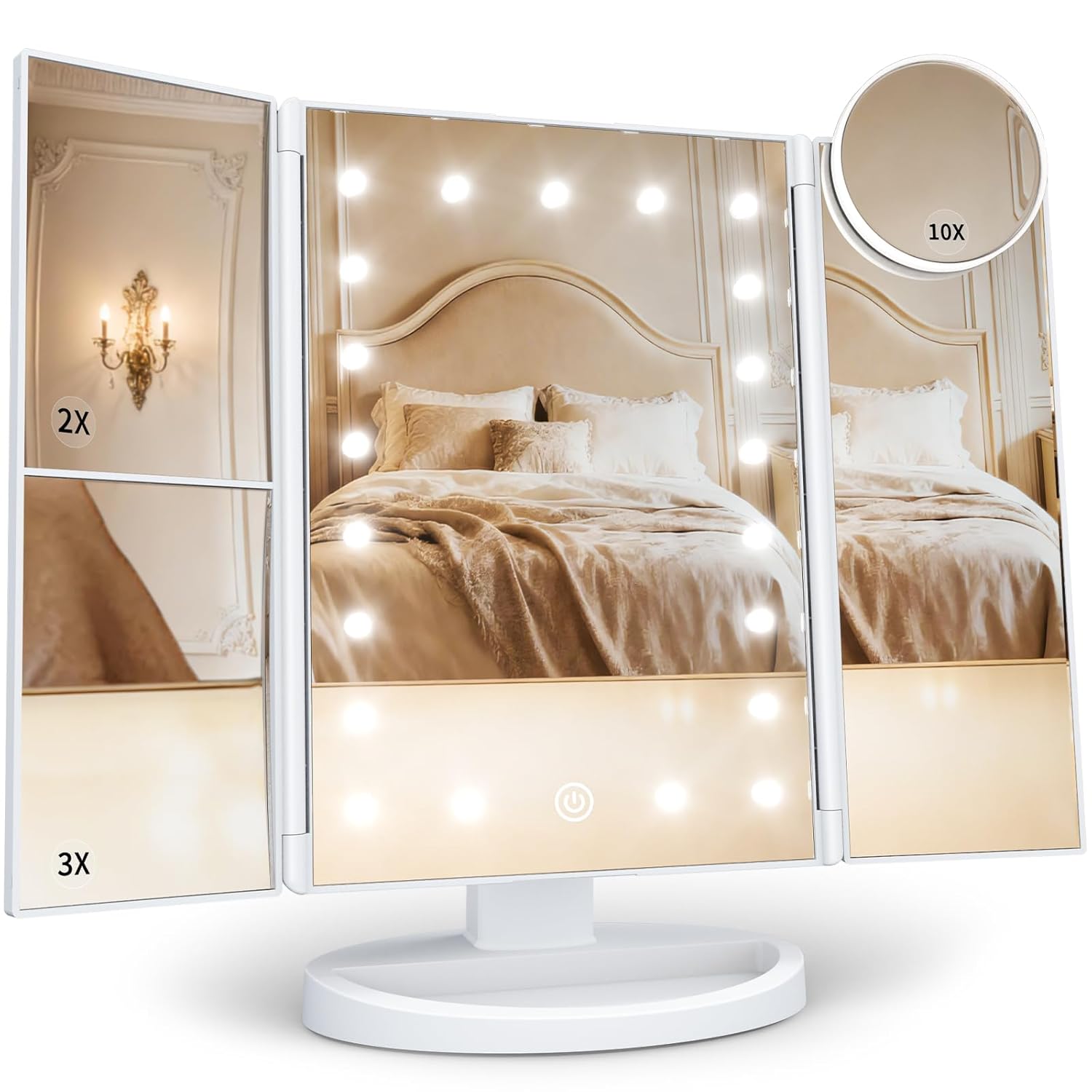 HUONUL 2X/3X/10X Magnifying Vanity Mirror with Light, Trifold Makeup Mirror | Touch Dimming, Dual Power, Clear View for Makeup, Skincare. Dorm Room Essentials. Birthday Gifts for Women, Mom, Wife, Girls