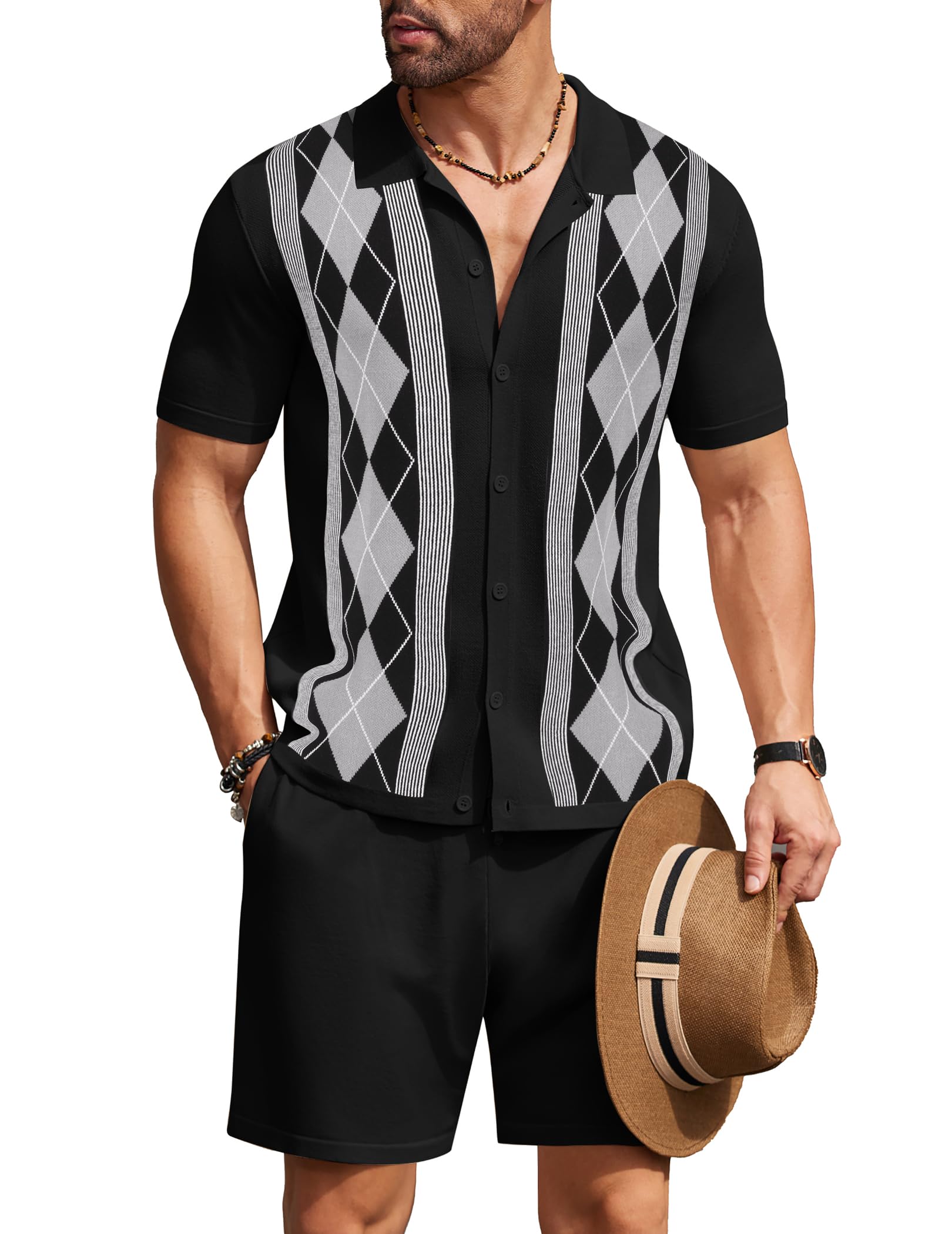 COOFANDY Men's 2 Piece Outfit Vintage Short Sleeve Button Down Knit Polo Shirts Casual Beach Shorts Sets