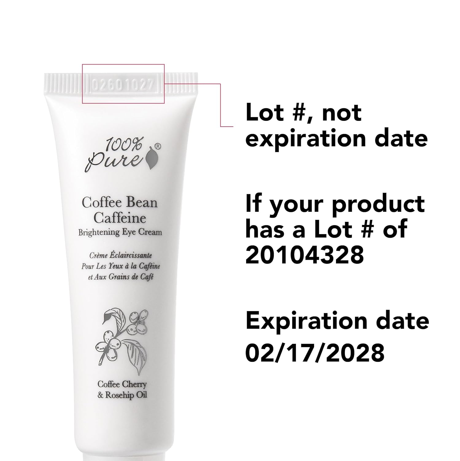 100% PURE Coffee Bean Caffeine Eye Cream, 1 oz | with Vitamin E, Green Tea, Rose; for Dry skin; Dark Circles; Vegan