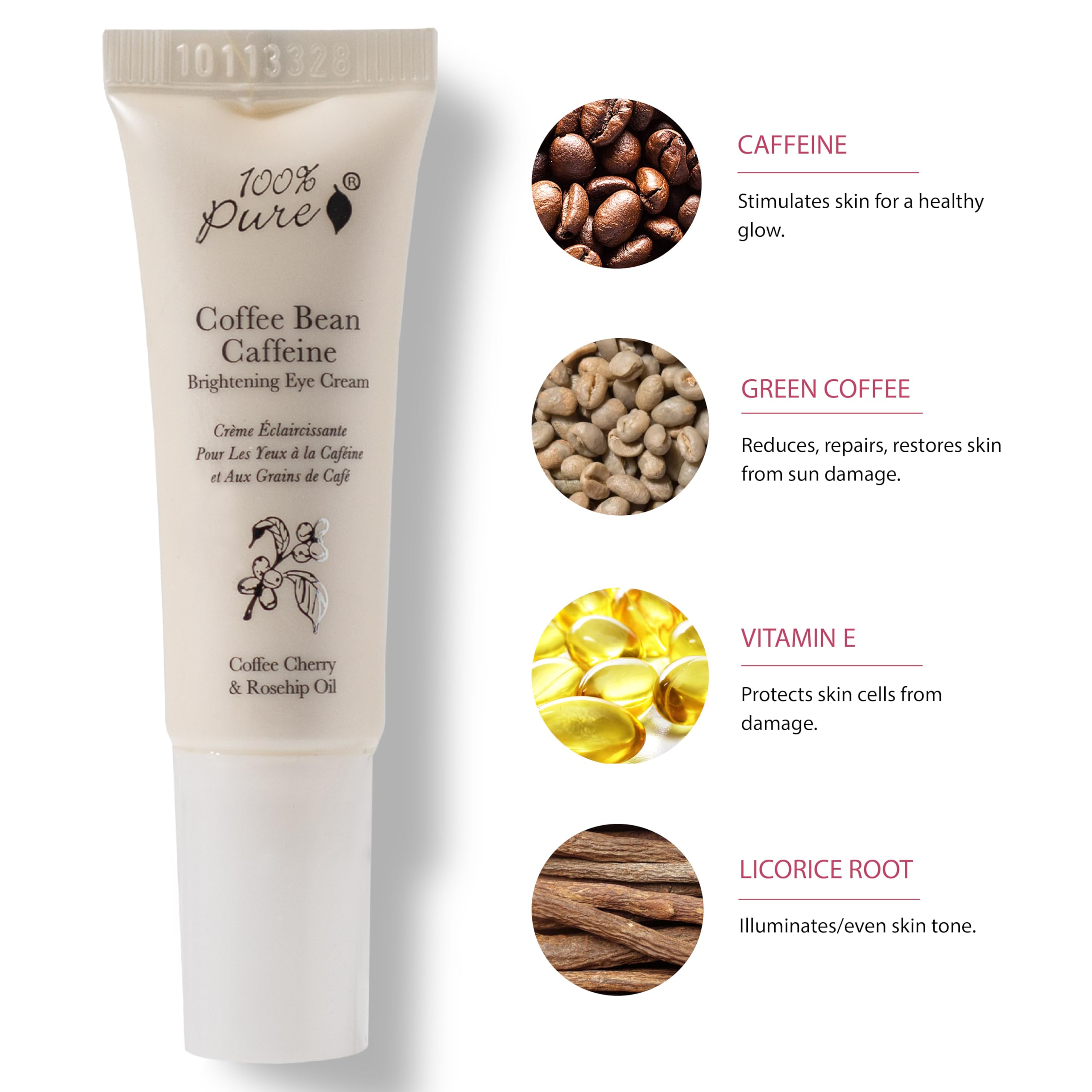 100% PURE Coffee Bean Caffeine Eye Cream, 1 oz | with Vitamin E, Green Tea, Rose; for Dry skin; Dark Circles; Vegan