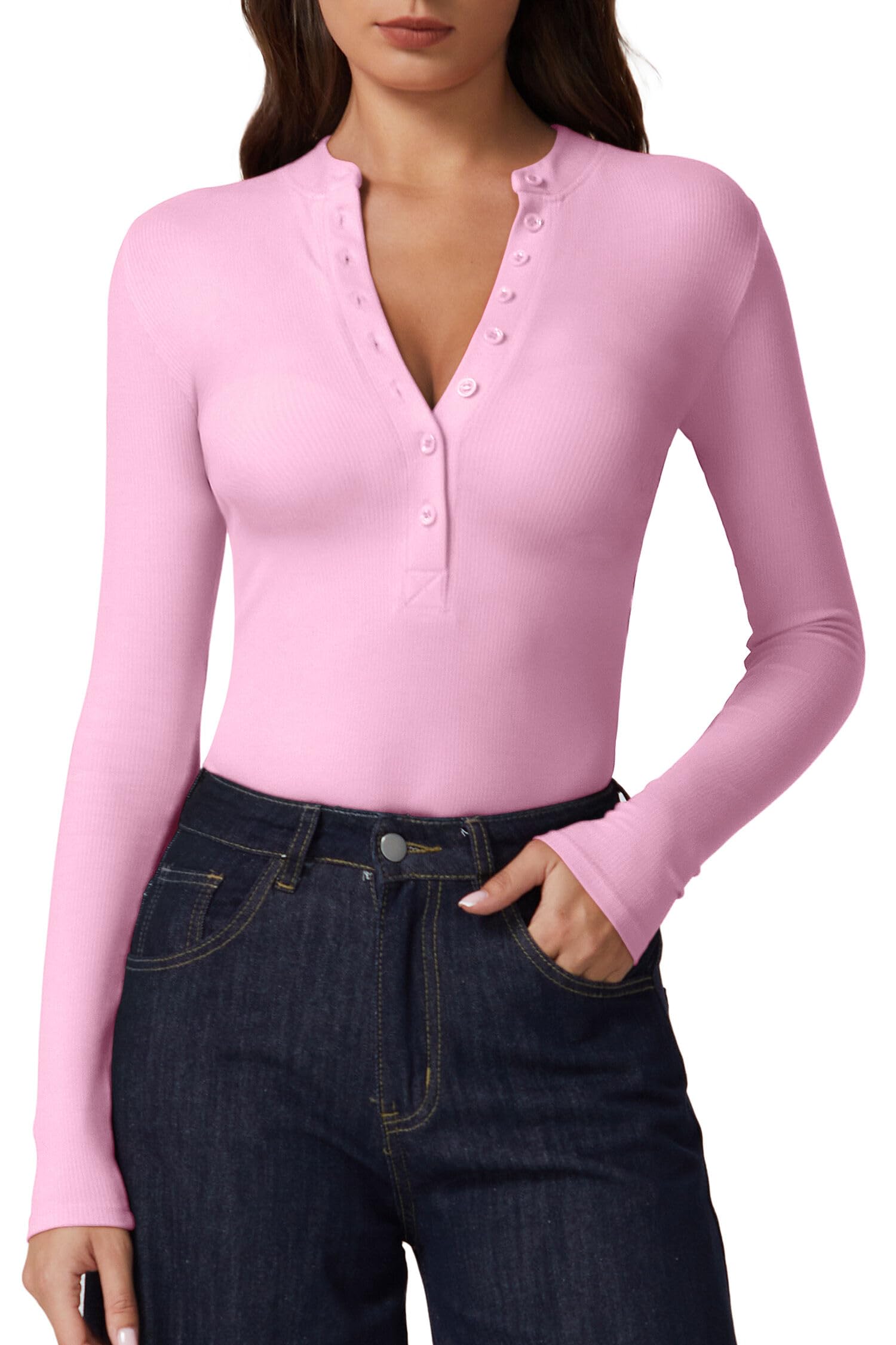 QINSEN Button Down Shirts for Women V Neck Long Sleeve Ribbed Knit Slim Fit Basic Tee Tops