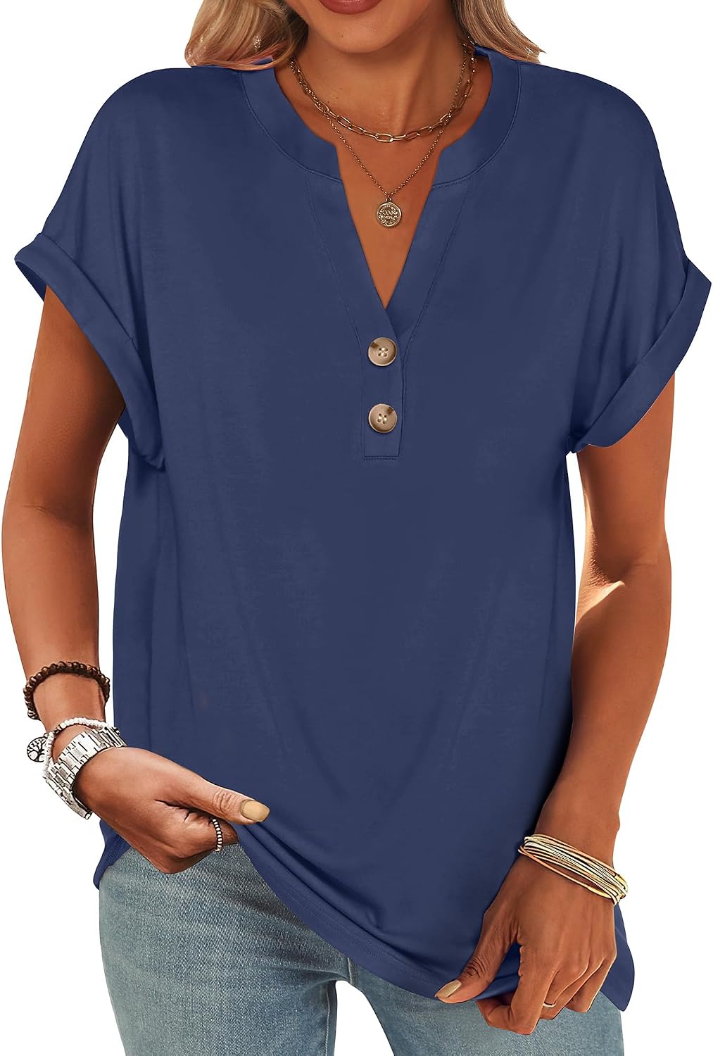 ANRABESS Womens Short Sleeve Henley Tops V Neck Dressy Casual Blouses Summer Trendy Tee Shirts 2026 Vacation Fashion Clothes