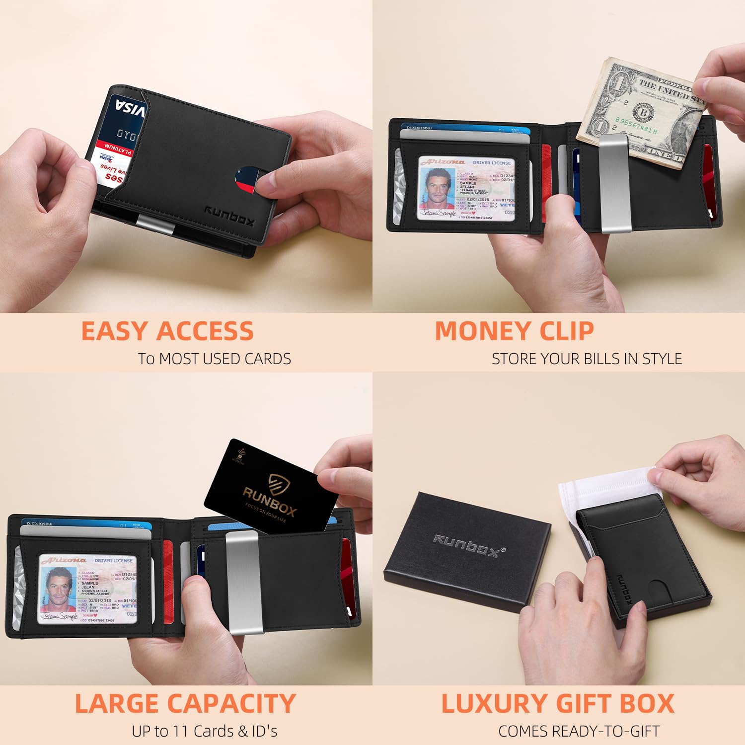 RUNBOX Slim Wallet for Men - RFID Blocking Leather Bifold with Money Clip | Minimalist Front Pocket Wallet Holds 11 Cards,Slim Thin Design,RFID Blocking Protection, Practical Birthday Gifts for Men