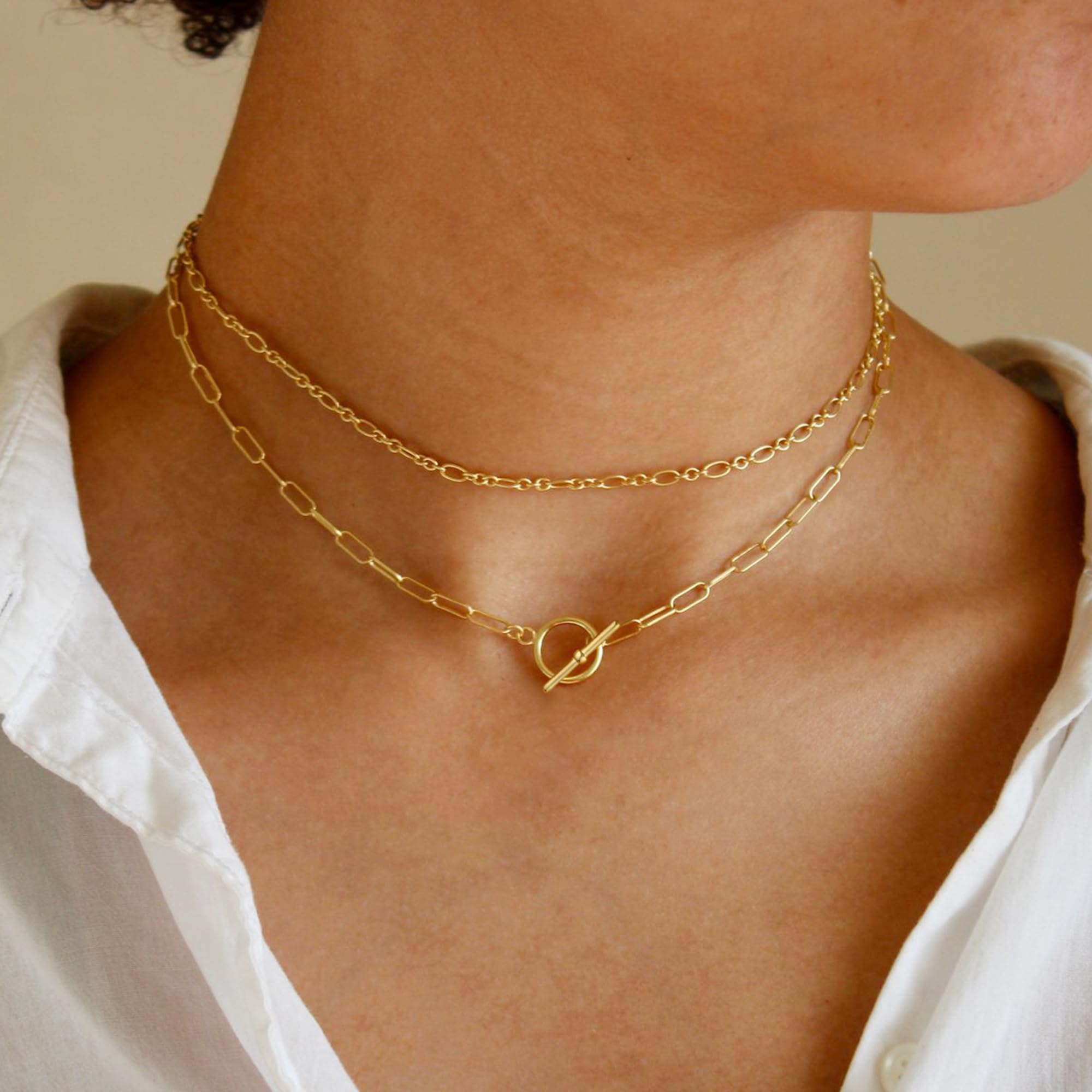 CHESKY 14K Gold Plated Layered Chain Necklace for Women | Trendy Cuban Link Chain, Chunky Paperclip Chain, Toggle Clasp Necklace, Fashion Gold Jewelry, Daily Gift for Women