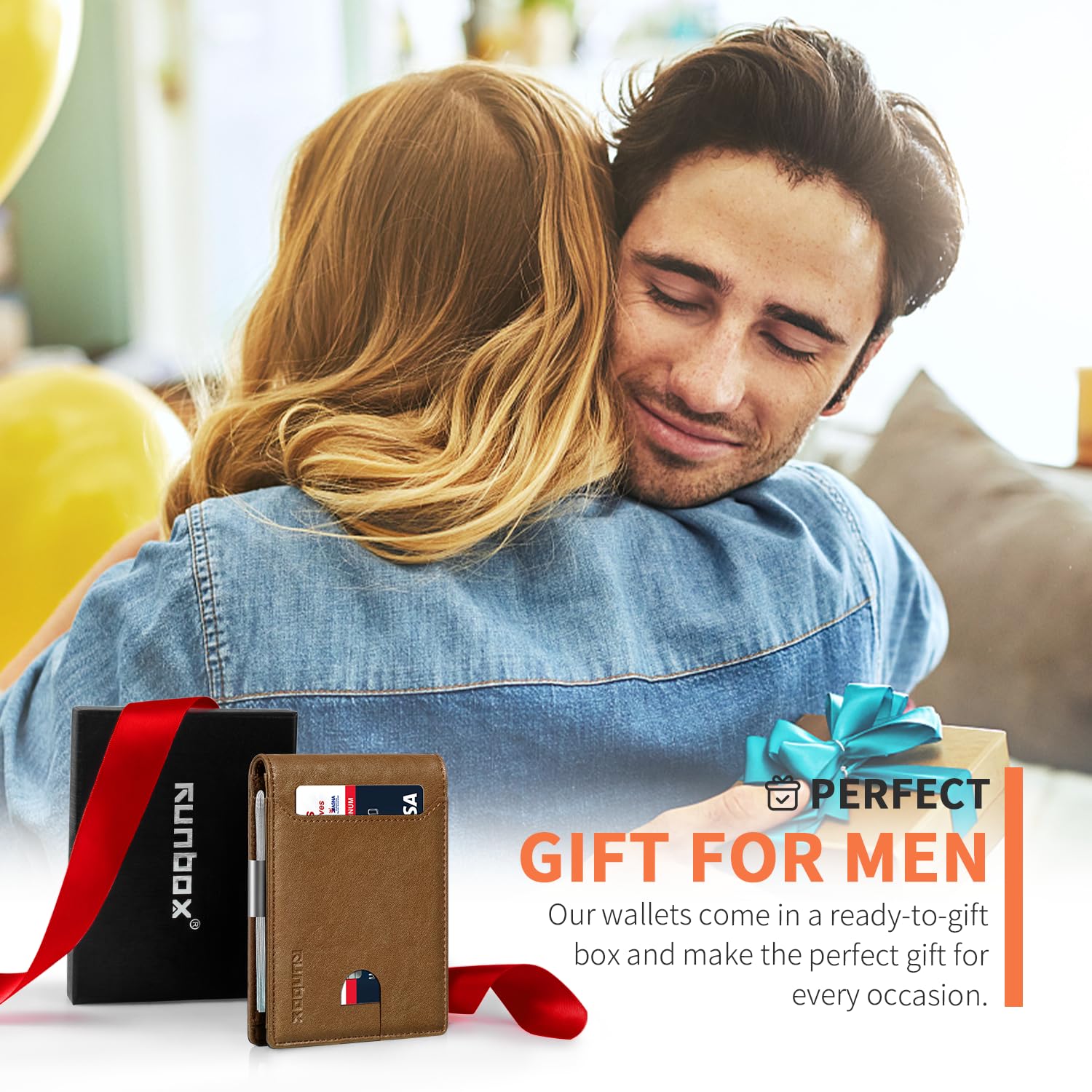 RUNBOX Slim Wallet for Men - RFID Blocking Leather Bifold with Money Clip | Minimalist Front Pocket Wallet Holds 11 Cards,Slim Thin Design,RFID Blocking Protection, Practical Birthday Gifts for Men