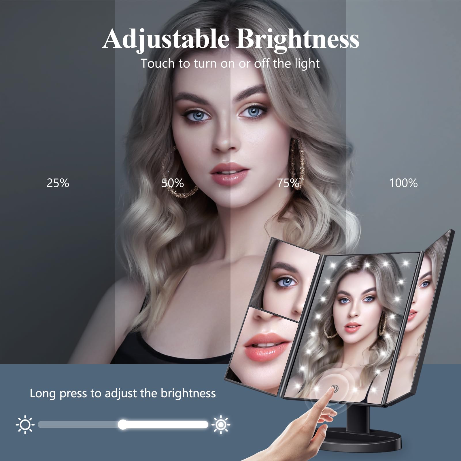 HUONUL 2X/3X/10X Magnifying Vanity Mirror with Light, Trifold Makeup Mirror | Touch Dimming, Dual Power, Clear View for Makeup, Skincare. Dorm Room Essentials. Birthday Gifts for Women, Mom, Wife, Girls