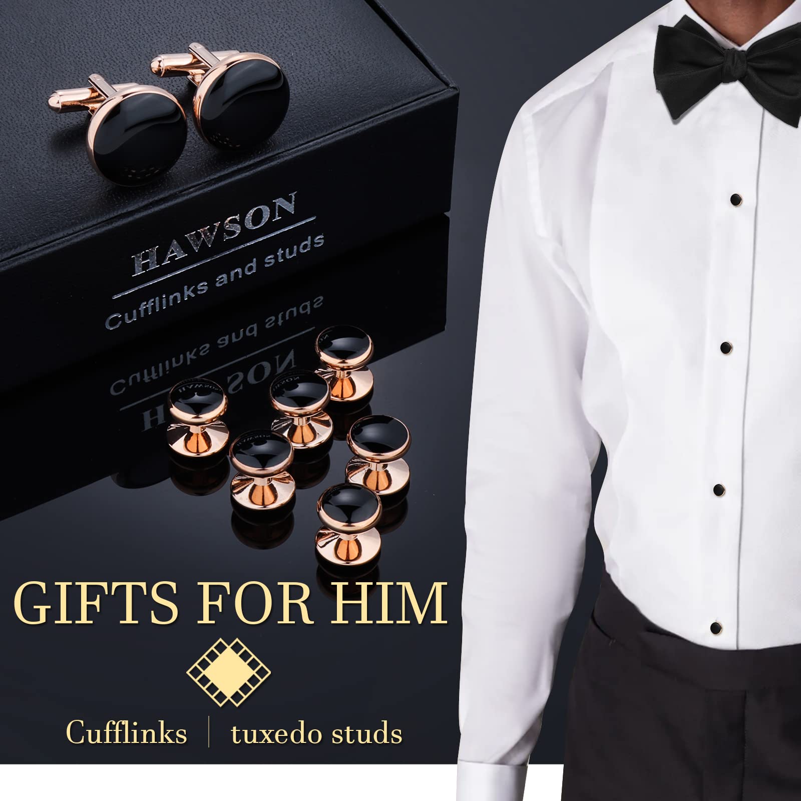 HAWSON Men’s Cufflinks and Tuxedo Studs Set with Gift Box; Men’s Jewelry or Accessories Suitable for Black Suit White Shirts Vest and Red Bow tie on Wedding or Anniversary and Birthday