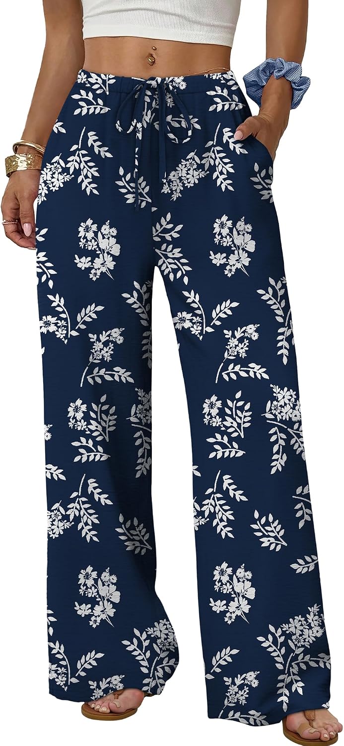 Sampeel Wide Leg Pants for Women Flowy Palazzo Drawstring Elastic Waist Trousers with Pockets Summer Beach Vacation Clothes