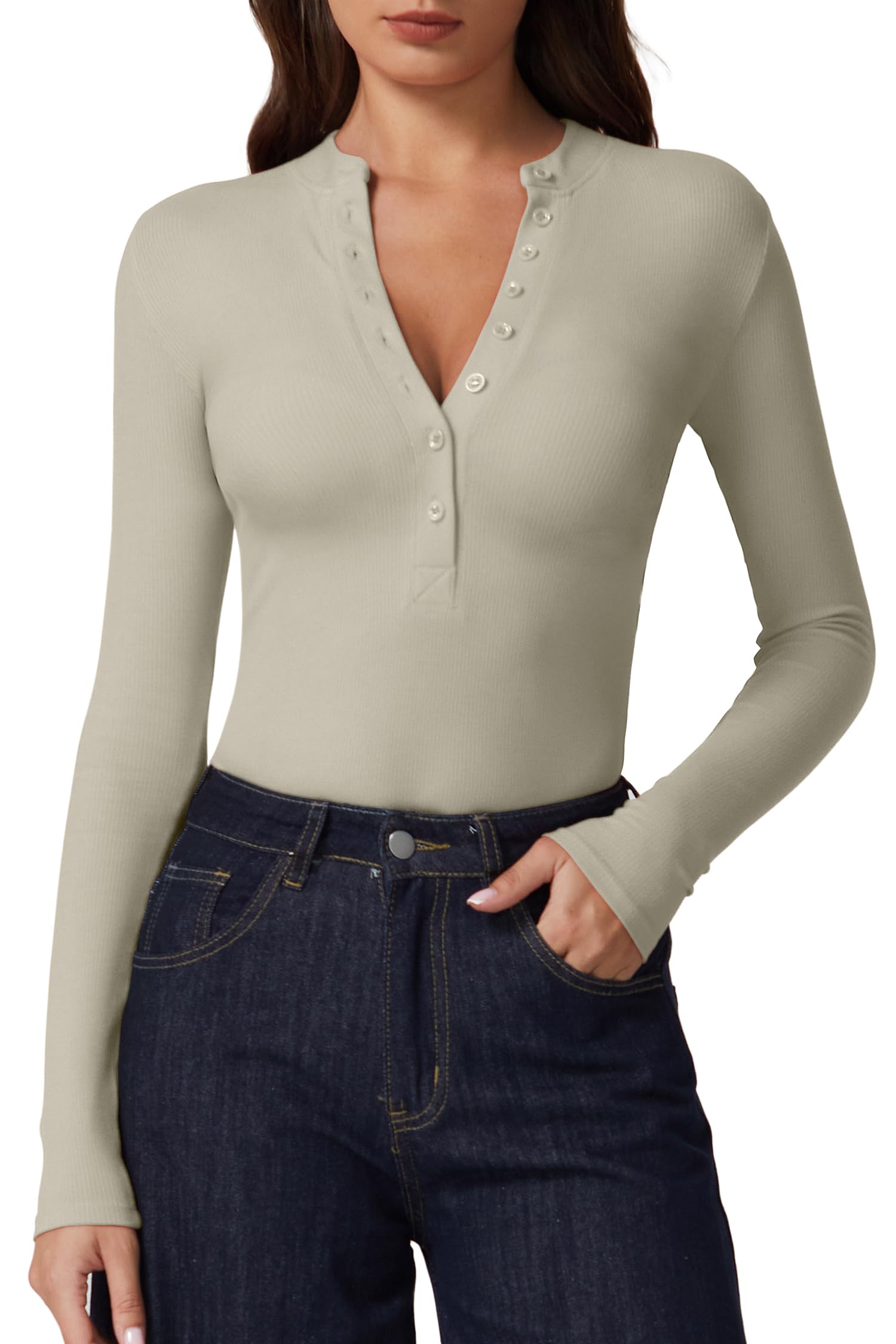 QINSEN Button Down Shirts for Women V Neck Long Sleeve Ribbed Knit Slim Fit Basic Tee Tops