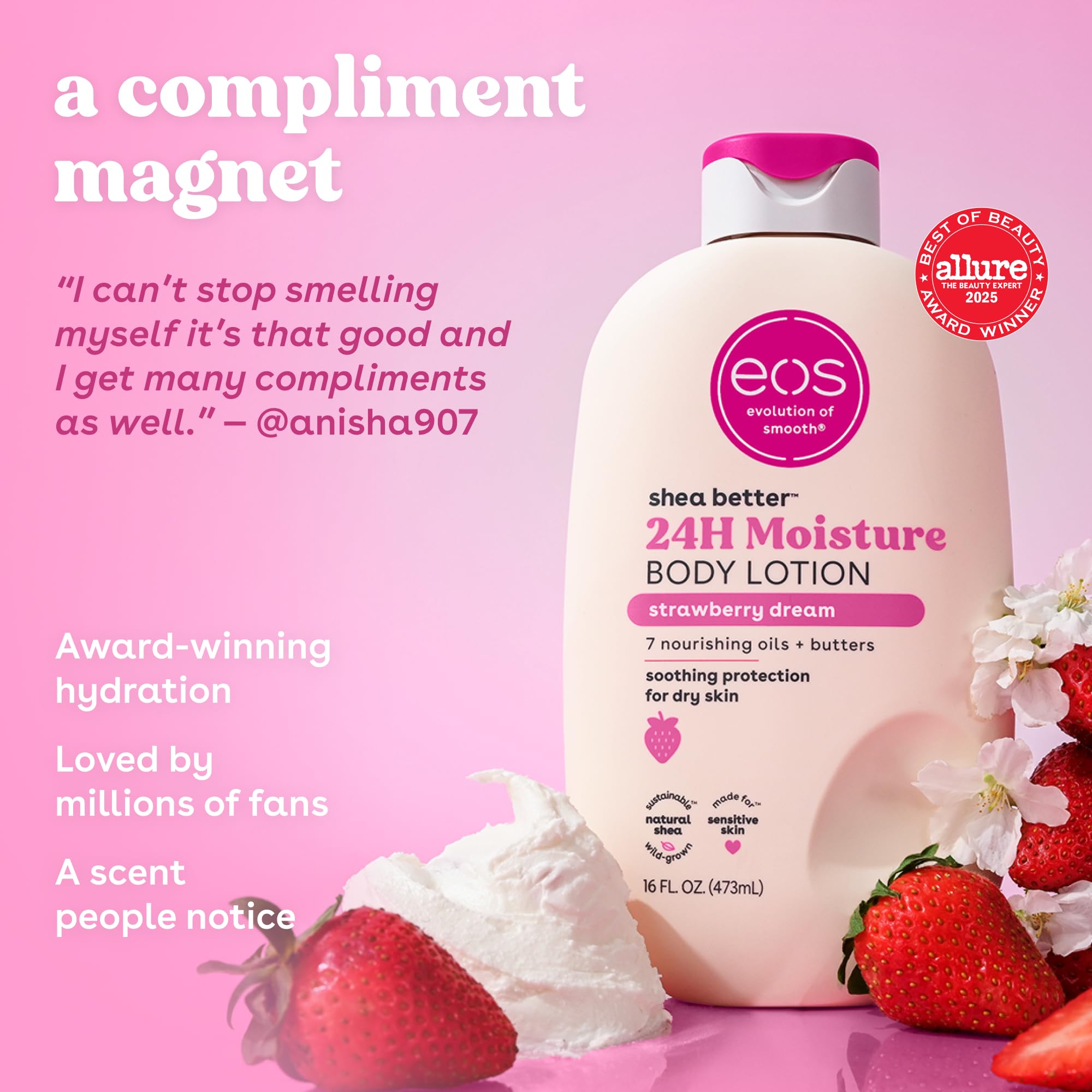 eos Shea Better Body Lotion Vanilla Cashmere, 24-Hour Moisture Skin Care, Lightweight & Non-Greasy, Natural Shea, Vegan, Vanilla Body Lotion, 16 fl oz