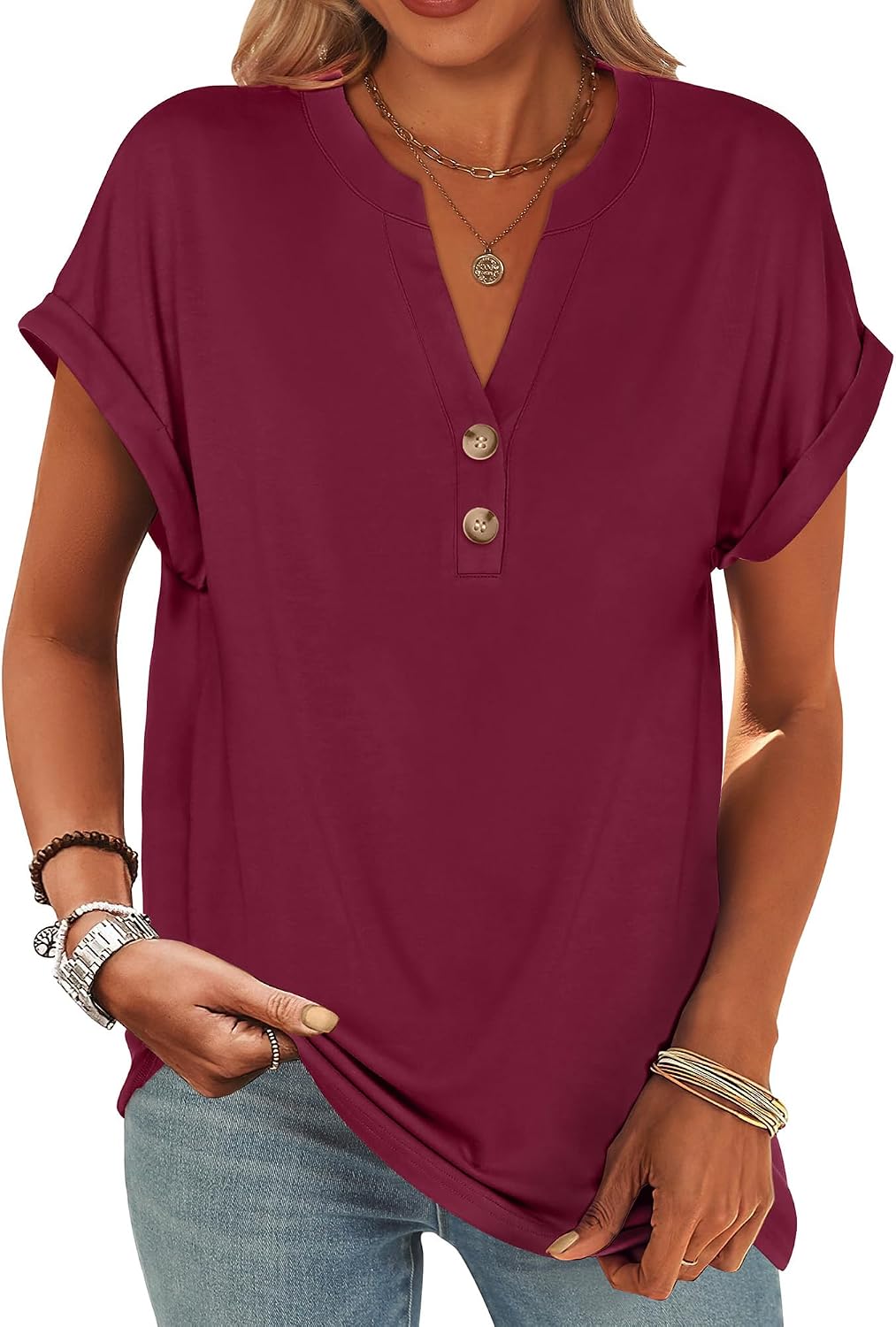 ANRABESS Womens Short Sleeve Henley Tops V Neck Dressy Casual Blouses Summer Trendy Tee Shirts 2026 Vacation Fashion Clothes