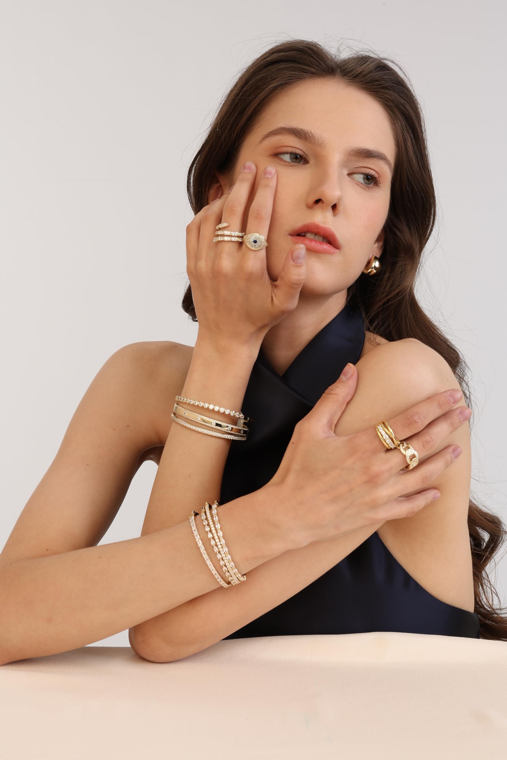 Gold Bracelets For Women, 14k Gold Filled Bangle Bracelets | Chunky Hinged Bangle Bracelets,Bangle Bracelets Non Tarnish, Jewelry For Women-Wavy Evil Eye Round Recetangle Marquise Cut