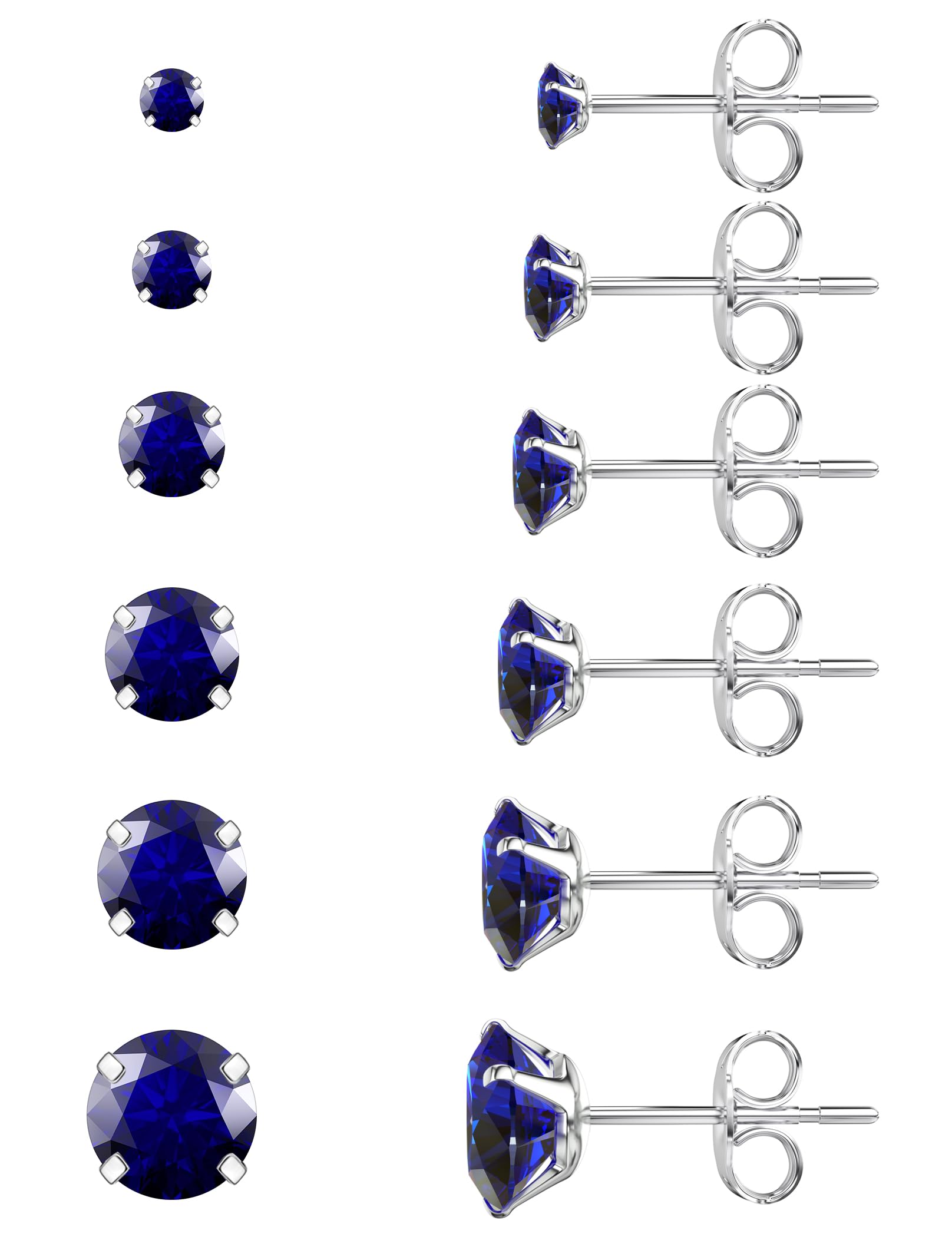 6 Pairs Stud Earrings Set, Hypoallergenic Cubic Zirconia 316L Earrings Stainless Steel CZ Earrings 3-8mm (Steel color)