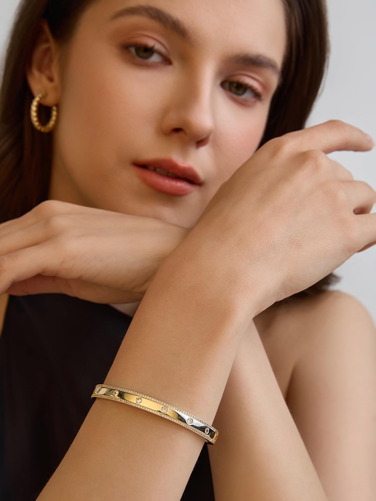 Gold Bracelets For Women, 14k Gold Filled Bangle Bracelets | Chunky Hinged Bangle Bracelets,Bangle Bracelets Non Tarnish, Jewelry For Women-Wavy Evil Eye Round Recetangle Marquise Cut