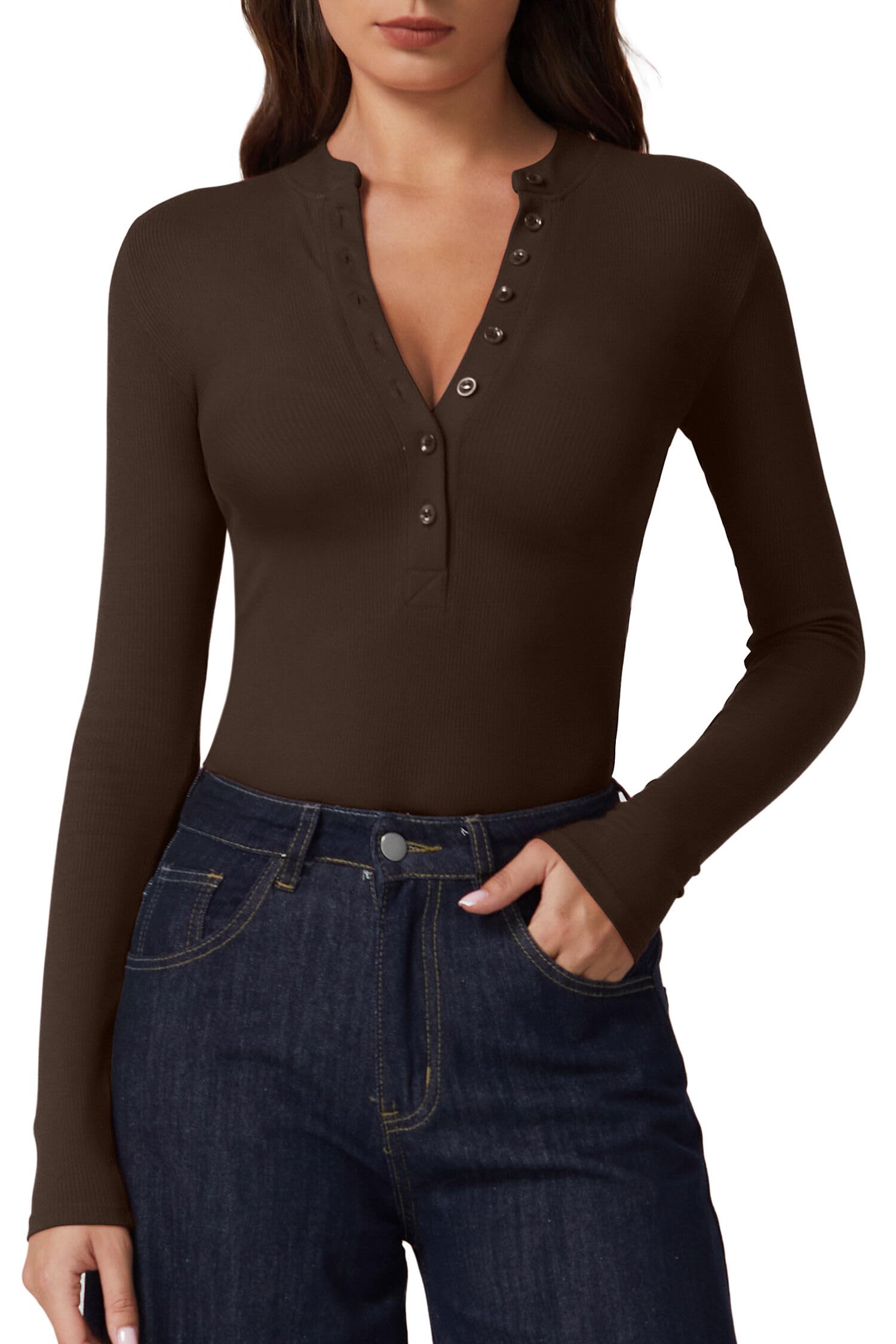 QINSEN Button Down Shirts for Women V Neck Long Sleeve Ribbed Knit Slim Fit Basic Tee Tops