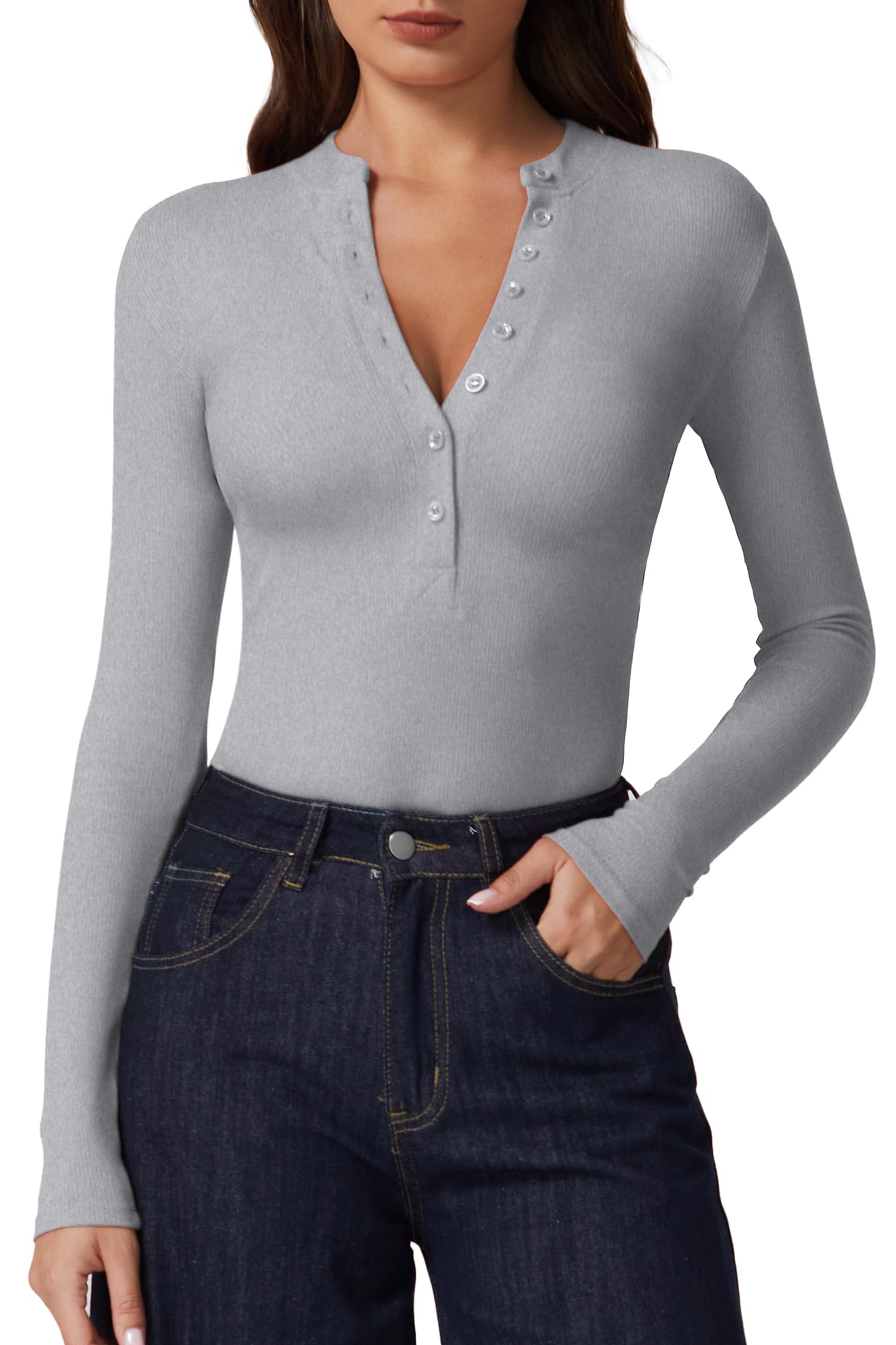 QINSEN Button Down Shirts for Women V Neck Long Sleeve Ribbed Knit Slim Fit Basic Tee Tops