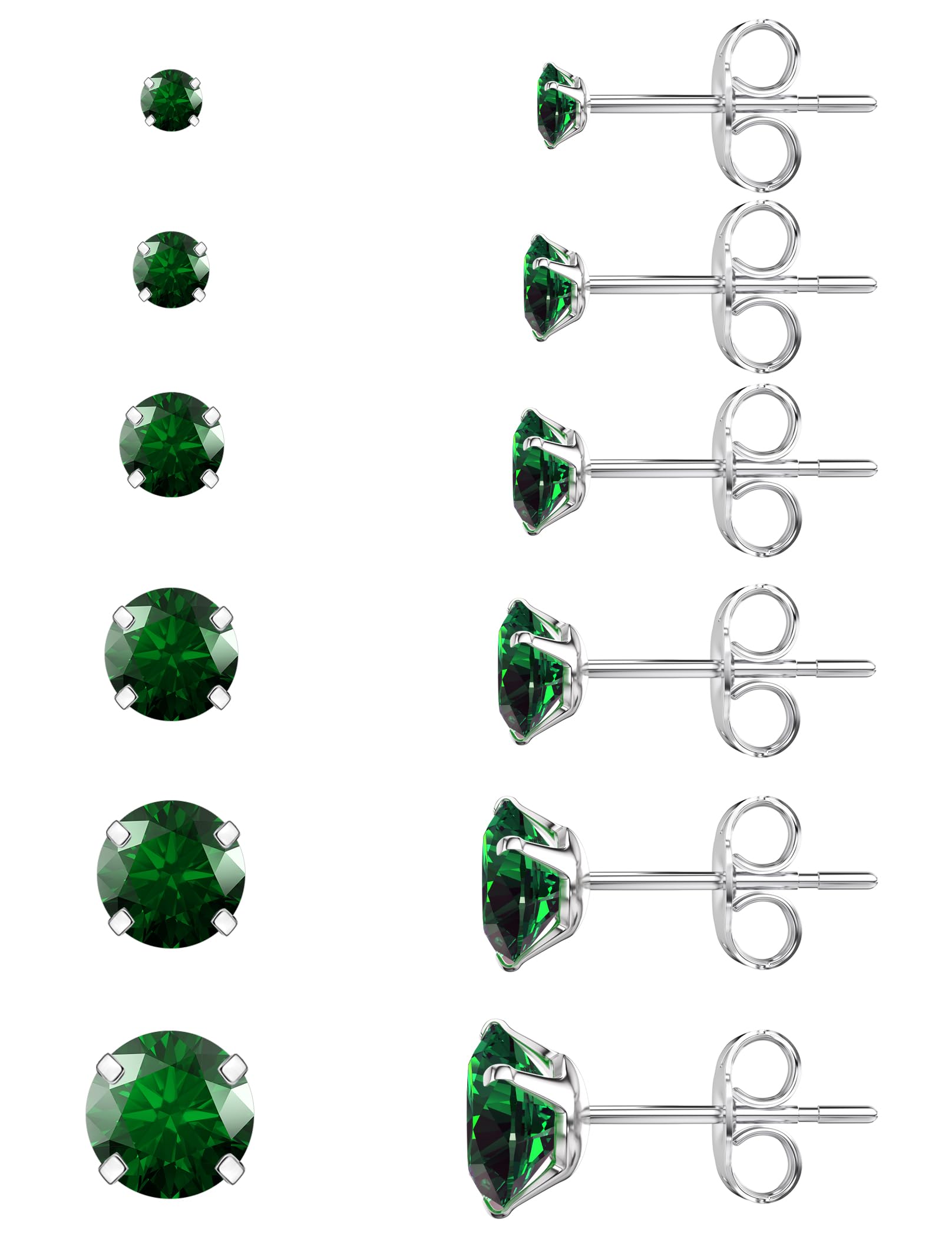 6 Pairs Stud Earrings Set, Hypoallergenic Cubic Zirconia 316L Earrings Stainless Steel CZ Earrings 3-8mm (Steel color)