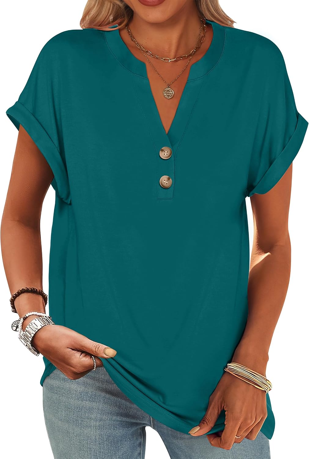 ANRABESS Womens Short Sleeve Henley Tops V Neck Dressy Casual Blouses Summer Trendy Tee Shirts 2026 Vacation Fashion Clothes